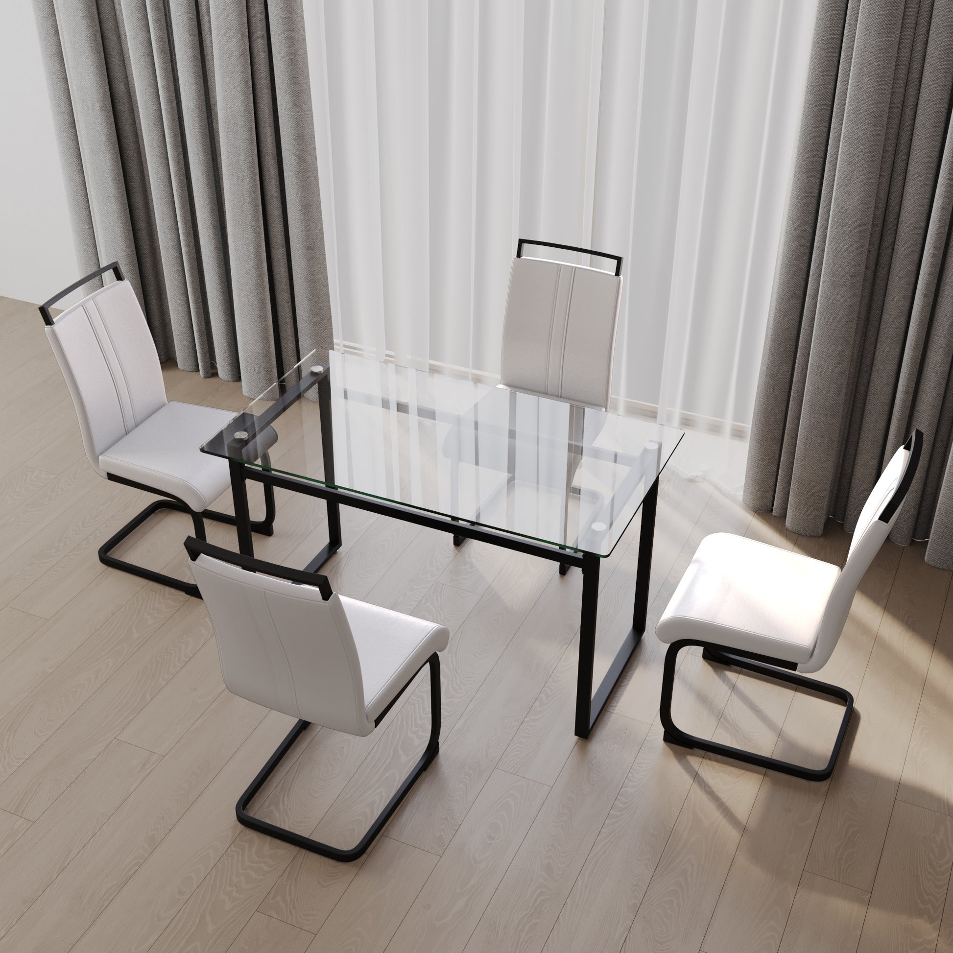 51 Inch Glass Dining Table Set For 4, Dining Table & Chair Sets With Black Metal Legs For Kitchen, Modern Rectangle Tempered Glass Table Top And Pu Dining Armless Chair For Dining Room Transparent Glass