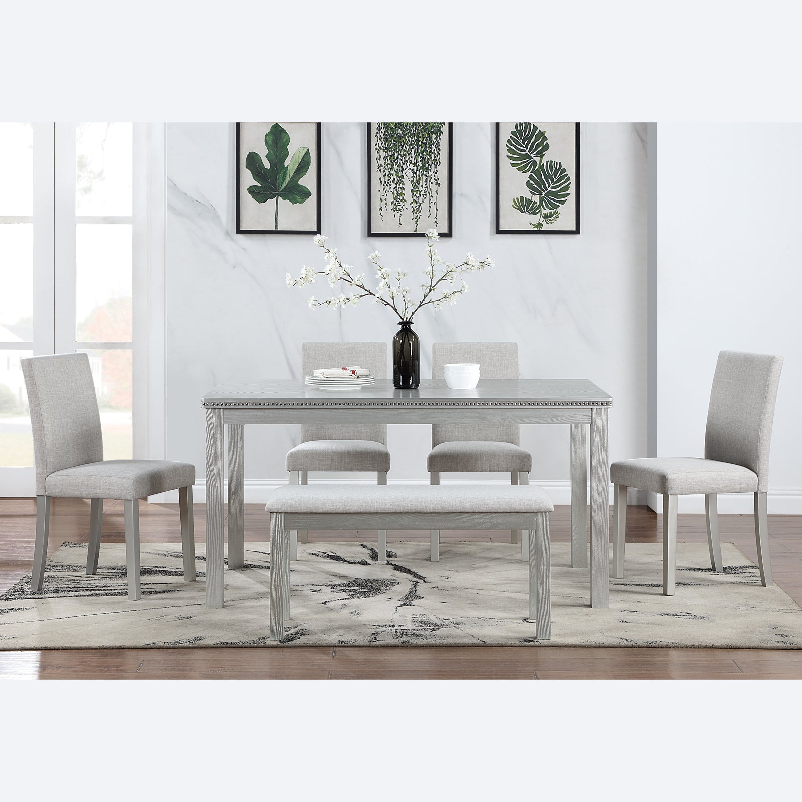 Wooden Dining Rectangular Table With Bench, Kitchen Table With Bench For Small Space, 6 Person Dining Table, Silver Grey Beige Silver Gray Seats 6 Dining Room Rectangular 4 Leg Rectangular Dining Table With Chair And Bench Solid Wood Mdf