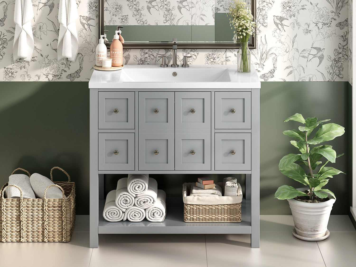 36'' Bathroom Vanity With Undermount Sink,Free Standing Vanity Set With 4 Drawers& Soft Closing Doors,Solid Wood Frame Bathroom Storage Cabinet 4 Grey 2 2 Adjustable Hinges Bathroom Freestanding Solid Wood Mdf Resin Painted