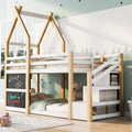 Twin Over Twin House Bunk Bed With White Storage Staircase And 2 Blackboards, White And Natural Box Spring Not Required Twin White Bed Frame Pine