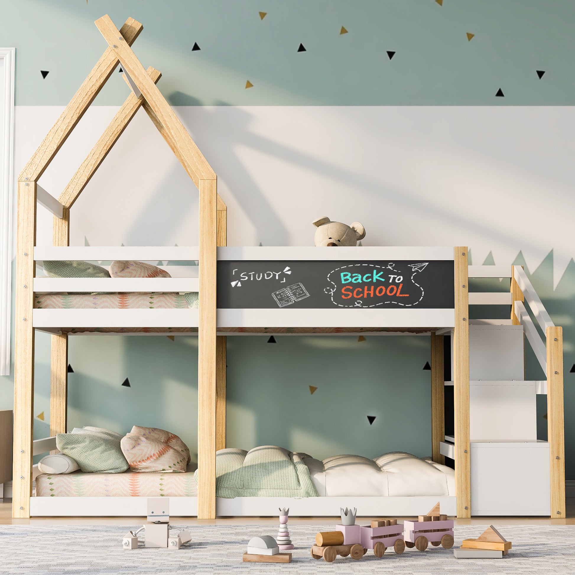 Twin Over Twin House Bunk Bed With White Storage Staircase And Blackboard, White And Natural Box Spring Not Required Twin White Bed Frame Pine