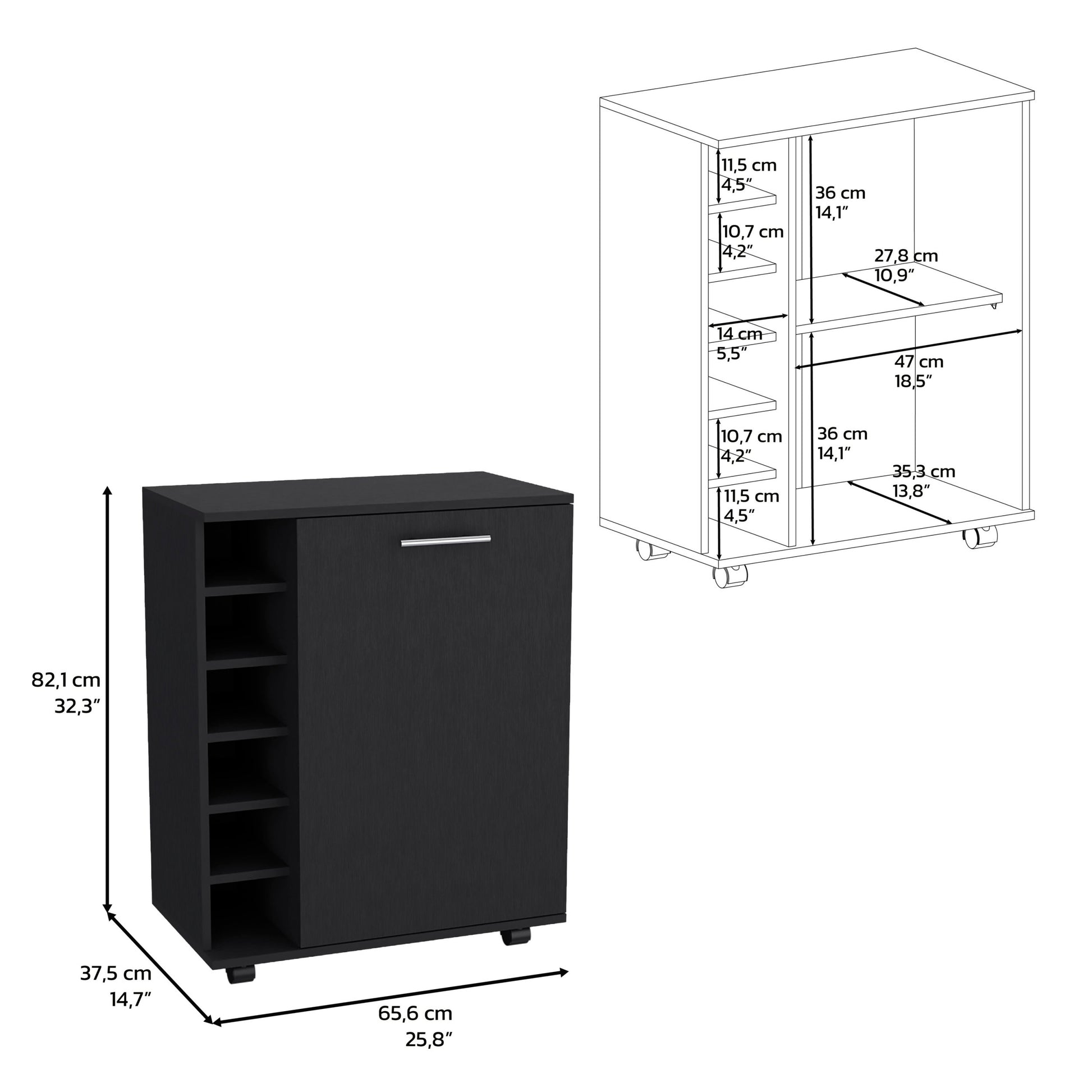 Bar Coffee Cart 32" H, Kitchen Or Living Room Cabinet Storage With 4 Wheels, With 6 Bottle Racks, A Central Shelf Covered By 1 Door, Ideal For Storing Glasses And Snacks, Black Black Particle Board Particle Board