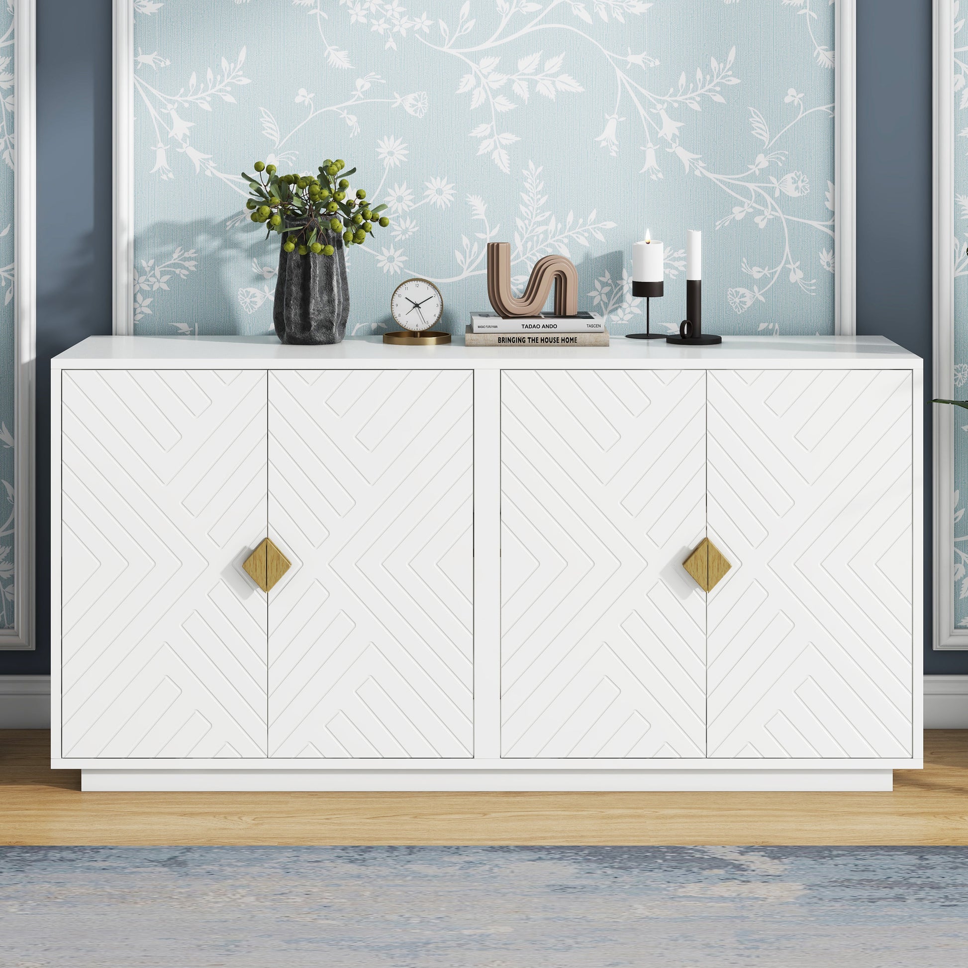 Modern Functional Large Storage Space Sideboard With Wooden Triangular Handles And Adjustable Shelves For Living Room And Dining Room White White Mdf