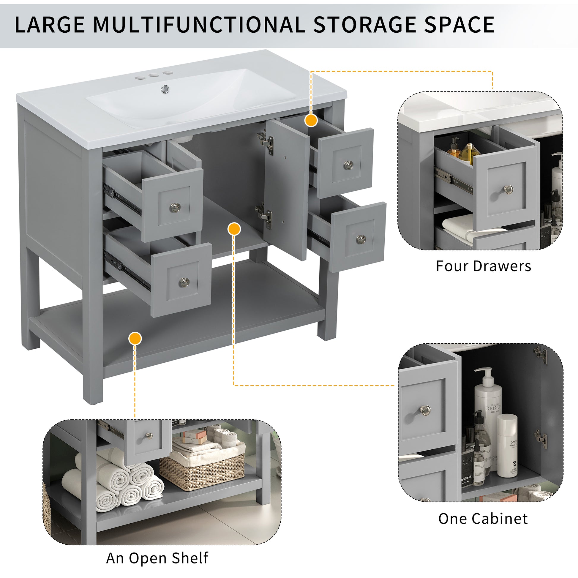 36'' Bathroom Vanity With Undermount Sink,Free Standing Vanity Set With 4 Drawers& Soft Closing Doors,Solid Wood Frame Bathroom Storage Cabinet 4 Grey 2 2 Adjustable Hinges Bathroom Freestanding Solid Wood Mdf Resin Painted