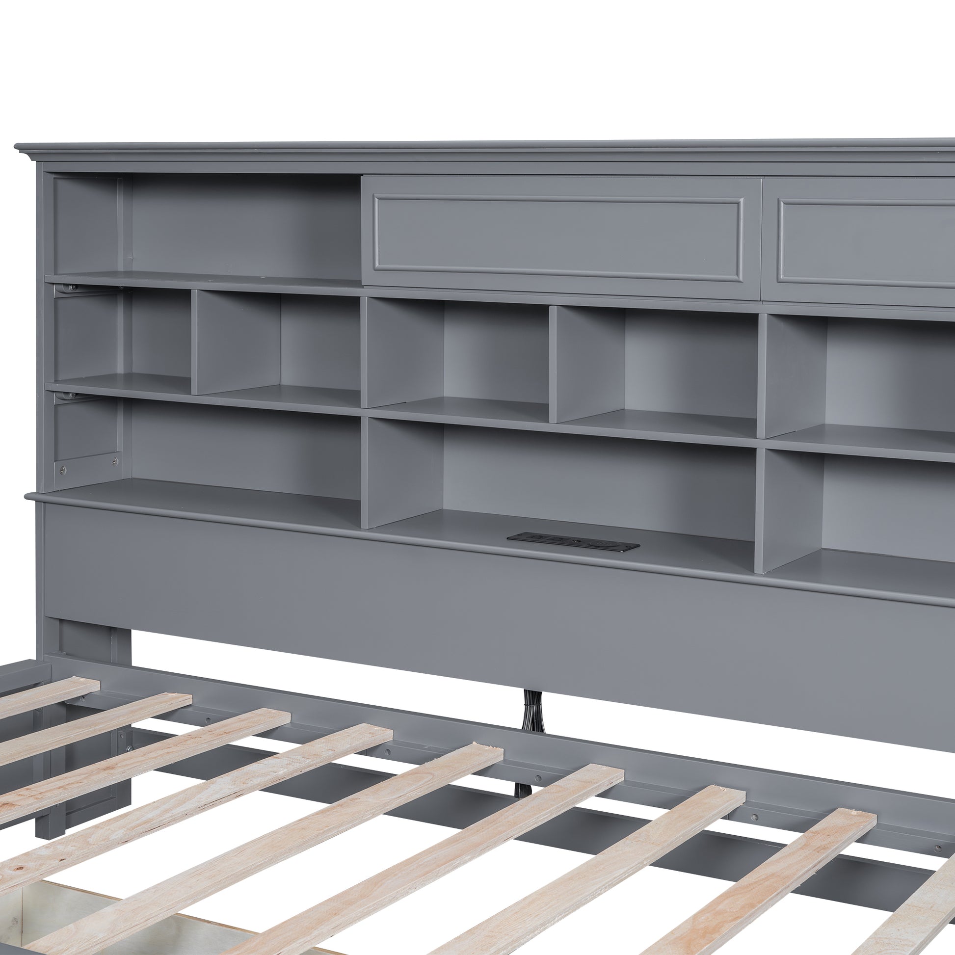 Twin Size Wood Daybed With Multi Storage Shelves, Charging Station And 3 Drawers, Gray Box Spring Not Required Twin Gray Wood Solid Wood Mdf