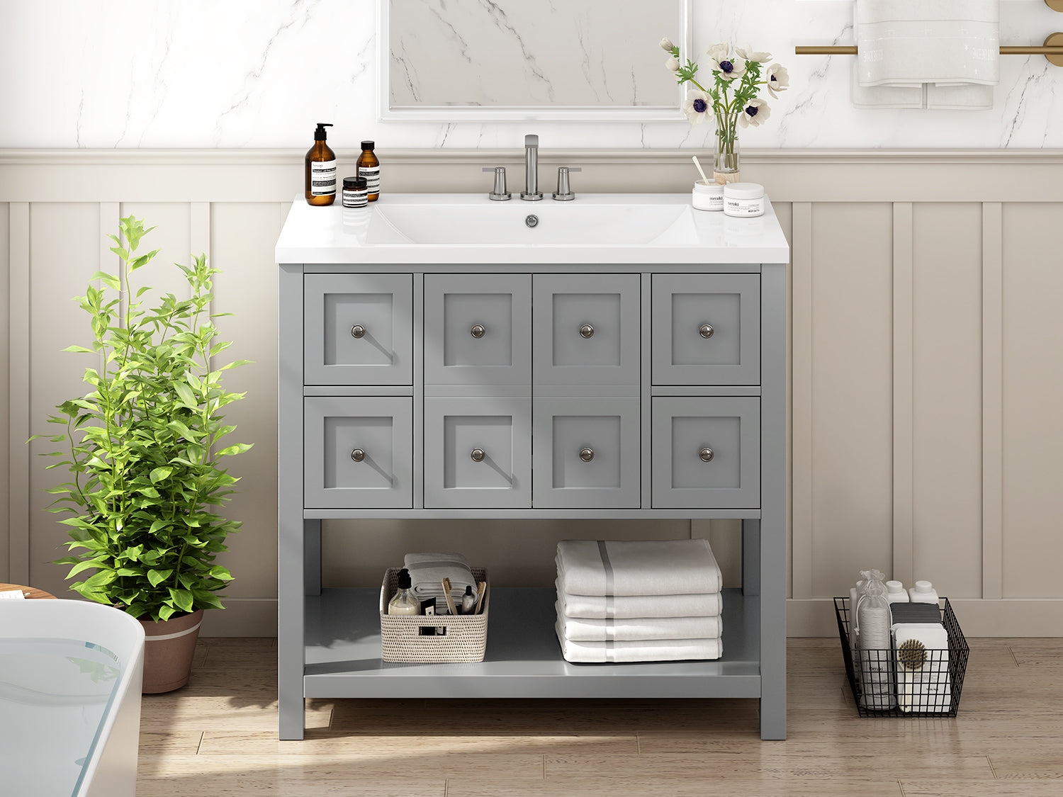 36'' Bathroom Vanity With Undermount Sink,Free Standing Vanity Set With 4 Drawers& Soft Closing Doors,Solid Wood Frame Bathroom Storage Cabinet 4 Grey 2 2 Adjustable Hinges Bathroom Freestanding Solid Wood Mdf Resin Painted