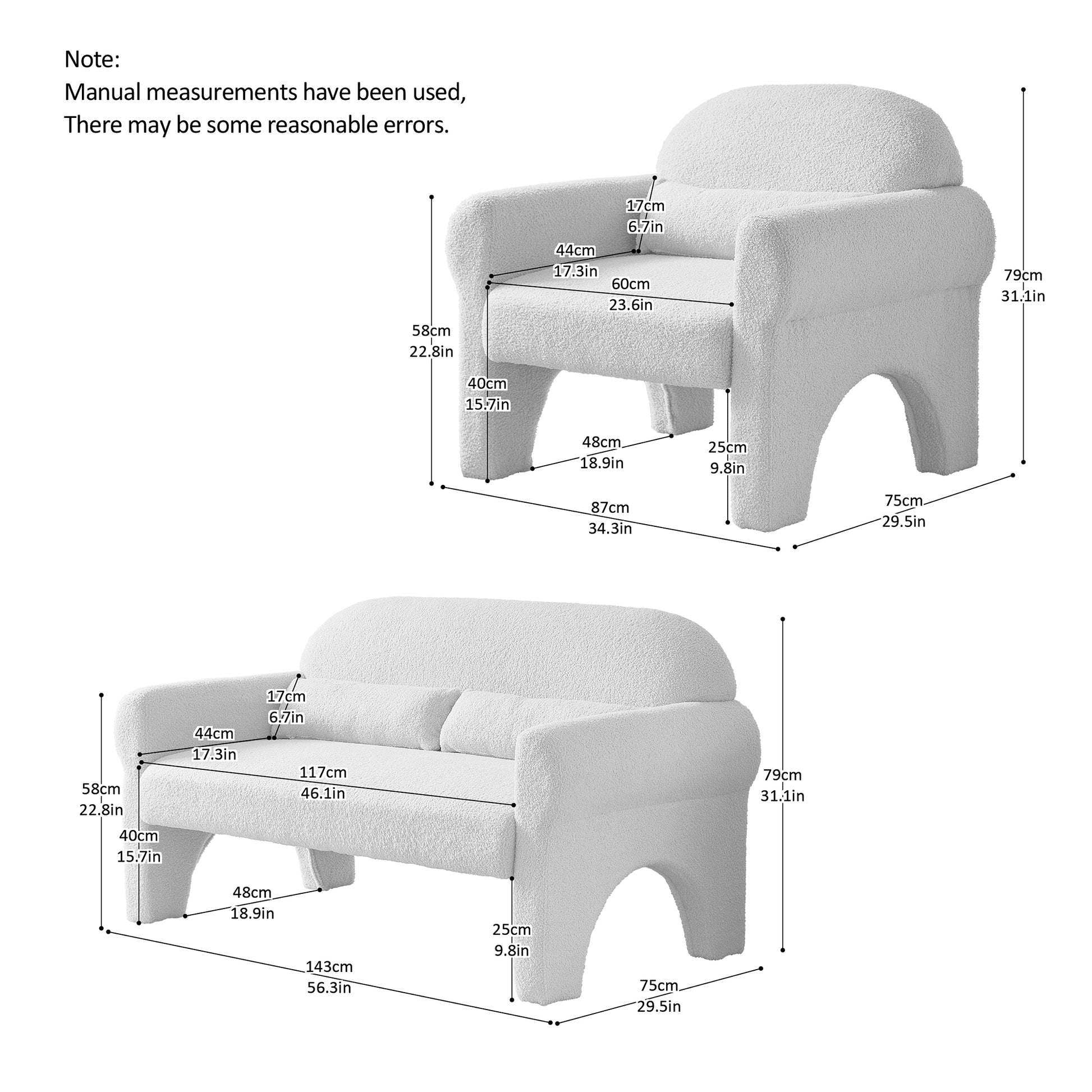 2 Piece Set Sofa Couch,Modern Boucle Seat & Accent Chair For Living Room Antique White Foam 3 Seat