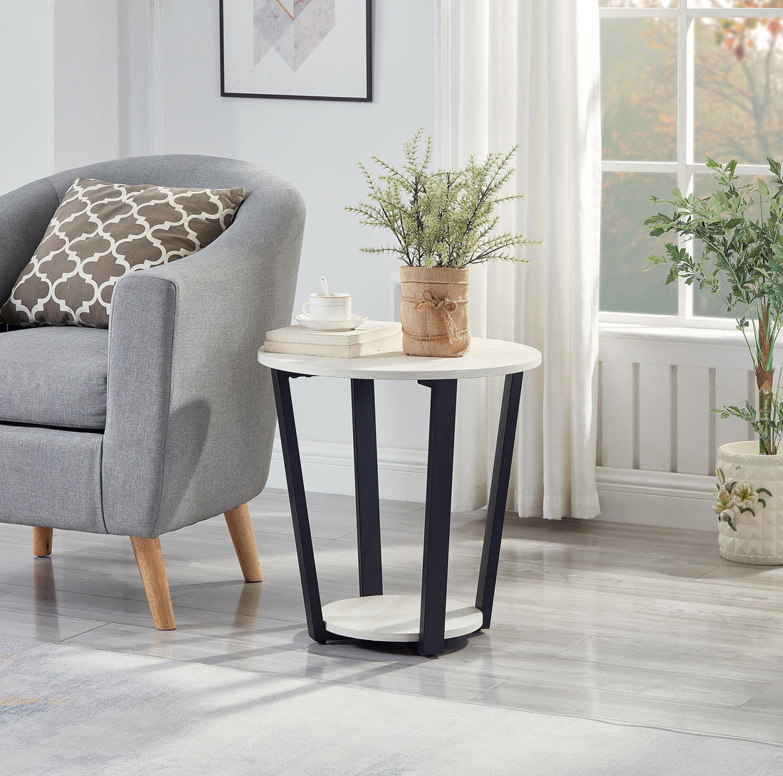 Elysian Contemporary Round End Table With Shelf, Off White Off White Mdf