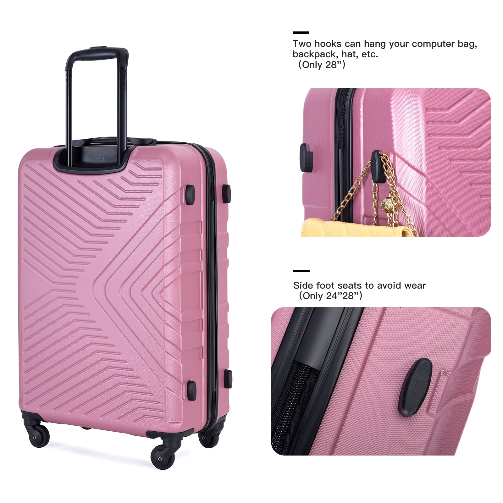 3 Piece Luggage Sets Abs Lightweight Suitcase With Two Hooks, Spinner Wheels, Tsa Lock, 20 24 28 , Pink Pink Abs