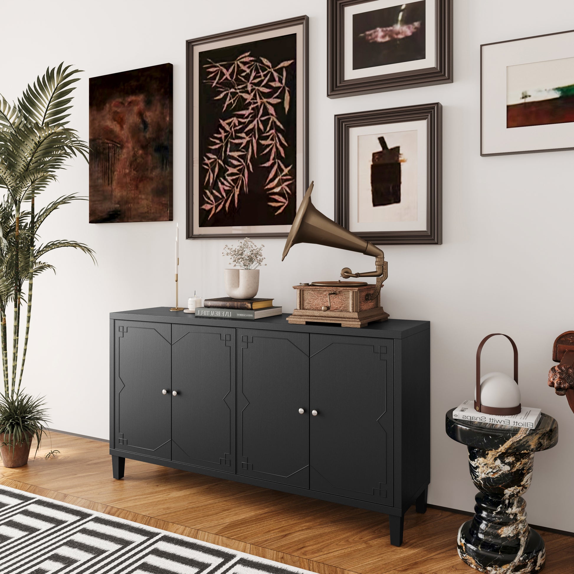 Accent Cabinet 4 Door Wooden Cabinet Sideboard Buffet Server Cabinet Storage Cabinet, For Living Room, Entryway, Hallway, Office, Kitchen And Dining Room, Matte Black Matte Matte Black Solid Wood Mdf