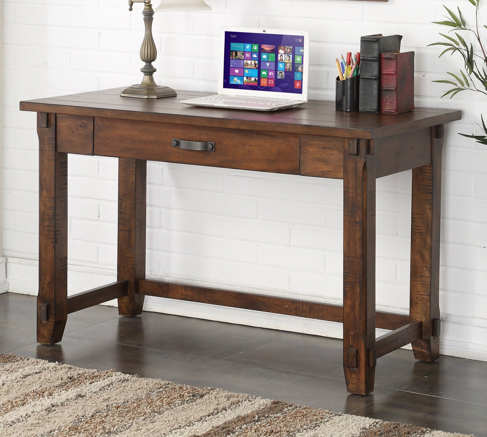 Restoration 48 Inch Writing Desk, No Assembly Required, Rustic Walnut Finish Brown Brown Keyboard Tray Writting Desk Office Lodge,Mission,Rustic Freestanding Rectangular Drawers Desk Rectangular Wood Trestle