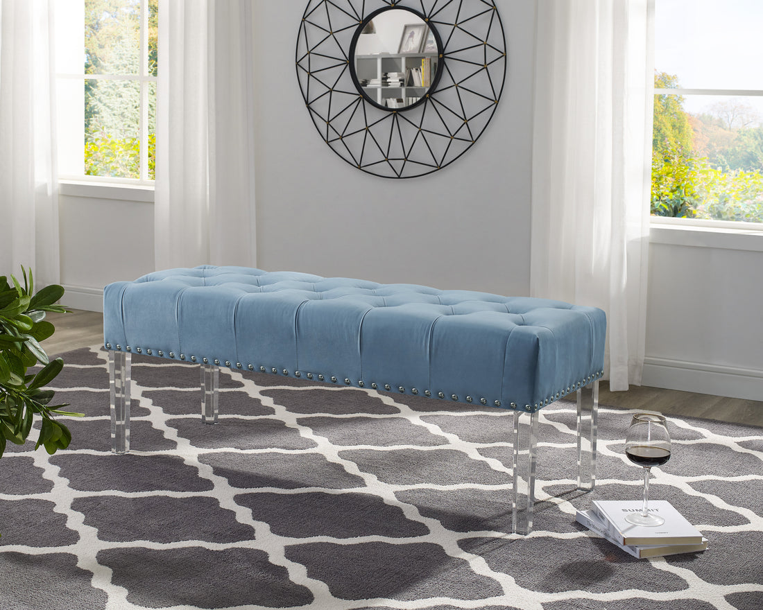 Valley Button Tufted Velvet Upholstered Bench With Acrylic Leg, Blue Blue Velvet