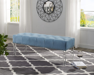 Valley Button Tufted Velvet Upholstered Bench With Acrylic Leg, Blue Blue Velvet
