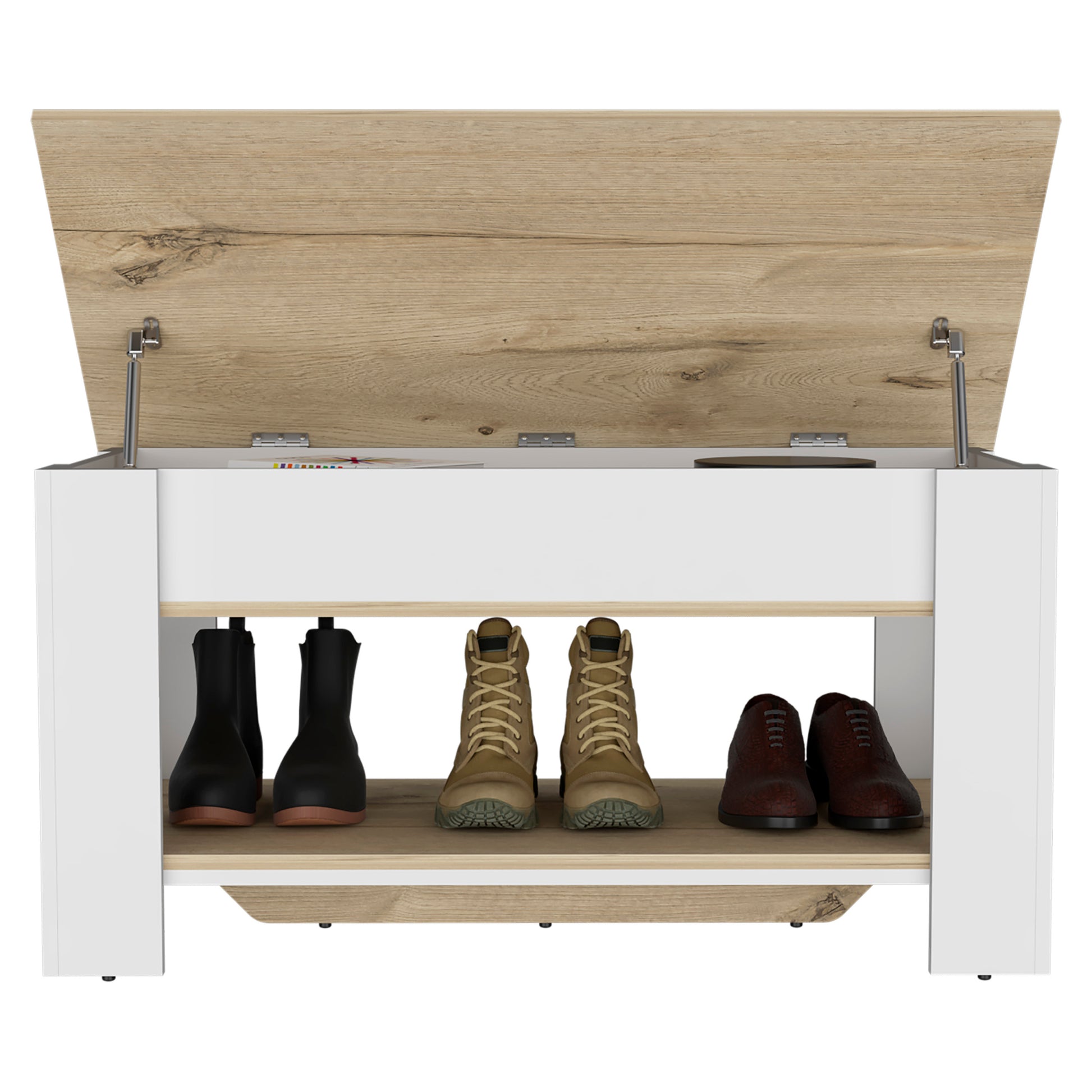 Storage Table, Four Legs, Lower Shelf, Light Oak White Multicolor Particle Board Particle Board