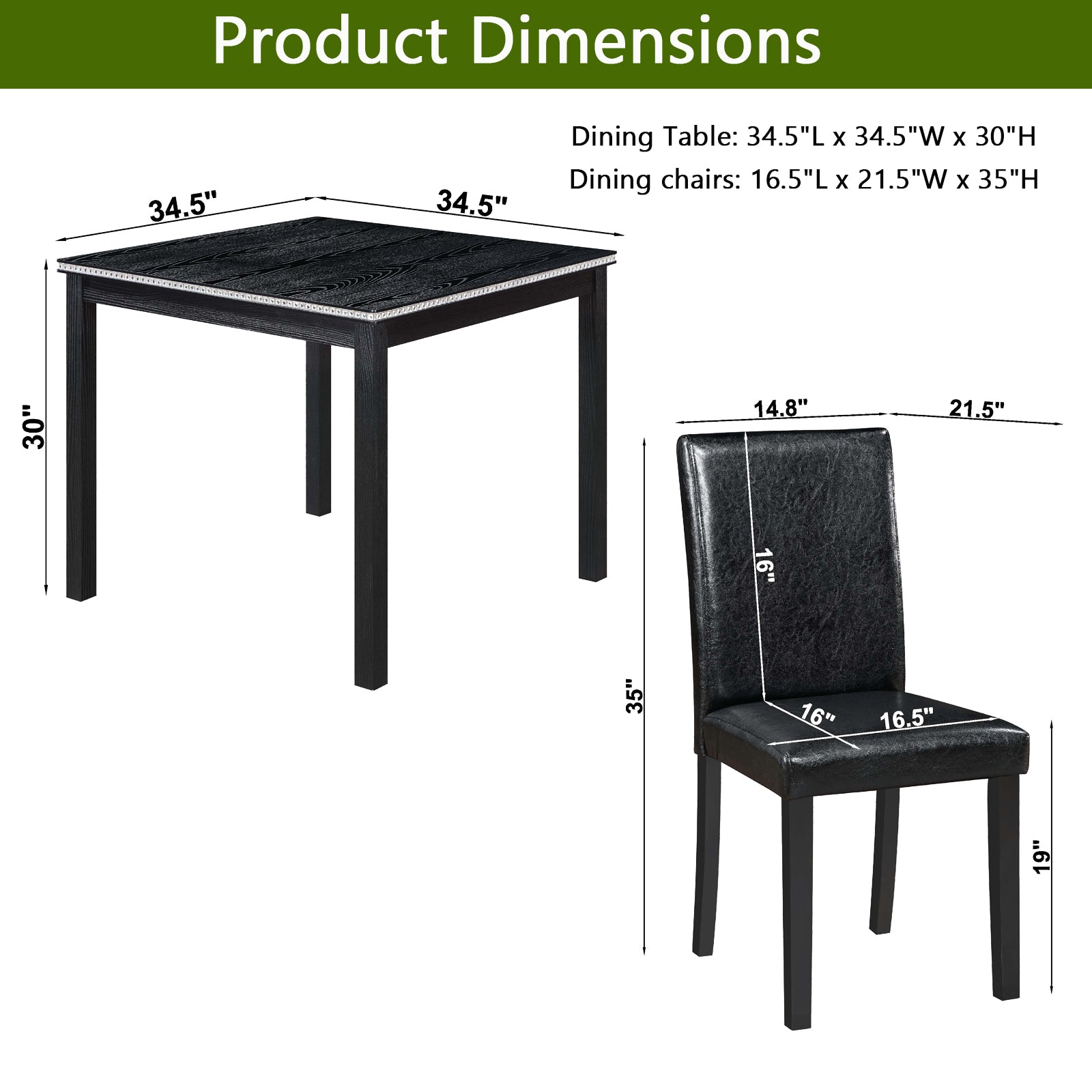 5 Piece Wooden Dining Table Set, Kitchen Table Set With A Square Table And 4 Upholstered Chairs, Wooden Dining Room Table With Crystal Decoration And Chairs Set For Kitchen, Dining Room, Black Black Seats 4 Dining Room 4 Leg Square Dining Table With