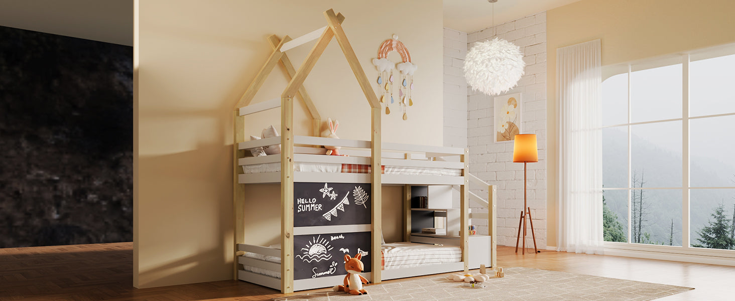 Twin Over Twin House Bunk Bed With White Storage Staircase And 2 Blackboards, White And Natural Box Spring Not Required Twin White Bed Frame Pine