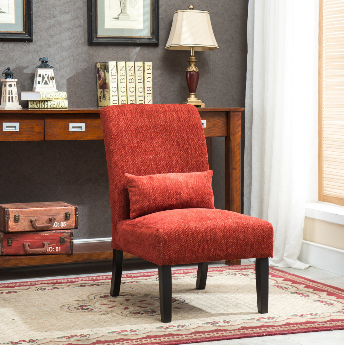 Pisano Contemporary Chenille Fabric Armless Accent Chair With Pillow, Red Red Polyester