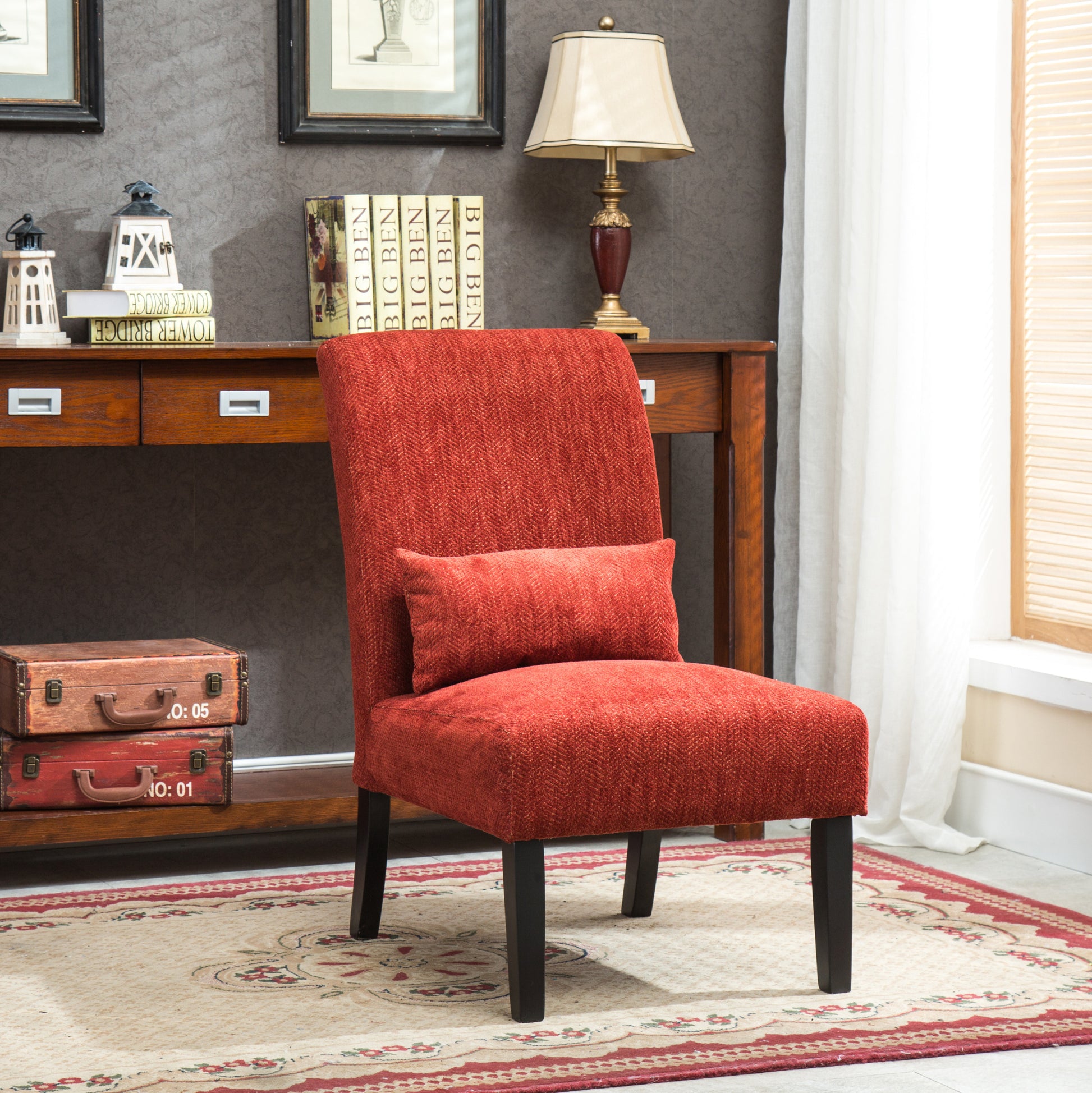 Pisano Contemporary Chenille Fabric Armless Accent Chair With Pillow, Red Red Polyester