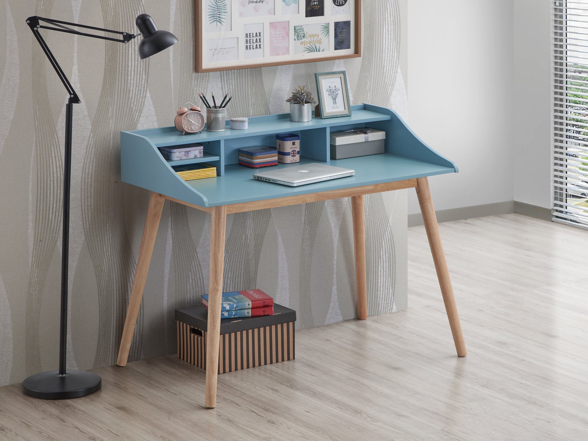 Roskilde Mid Century Modern Wood Writing Desk With Hutch, Blue Blue Rubber Wood