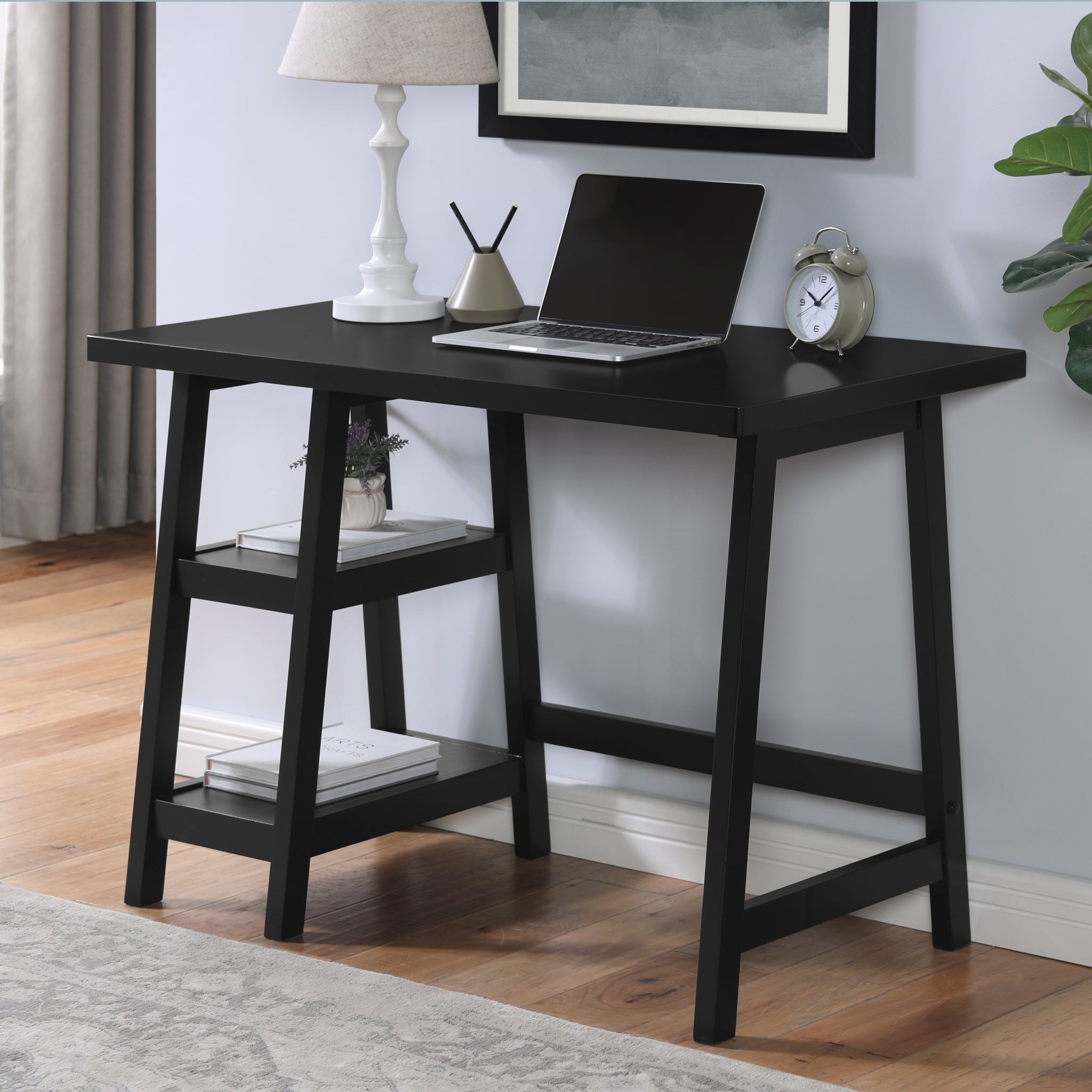 Redina Contemporary Wood Writing Desk With Storage, Black Black Rubber Wood