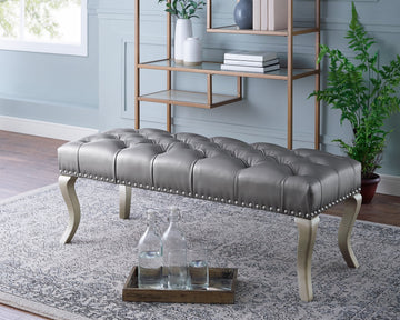 Decor Maxem Tufted Fabricupholstered Bench With Trim Silver Faux Leather