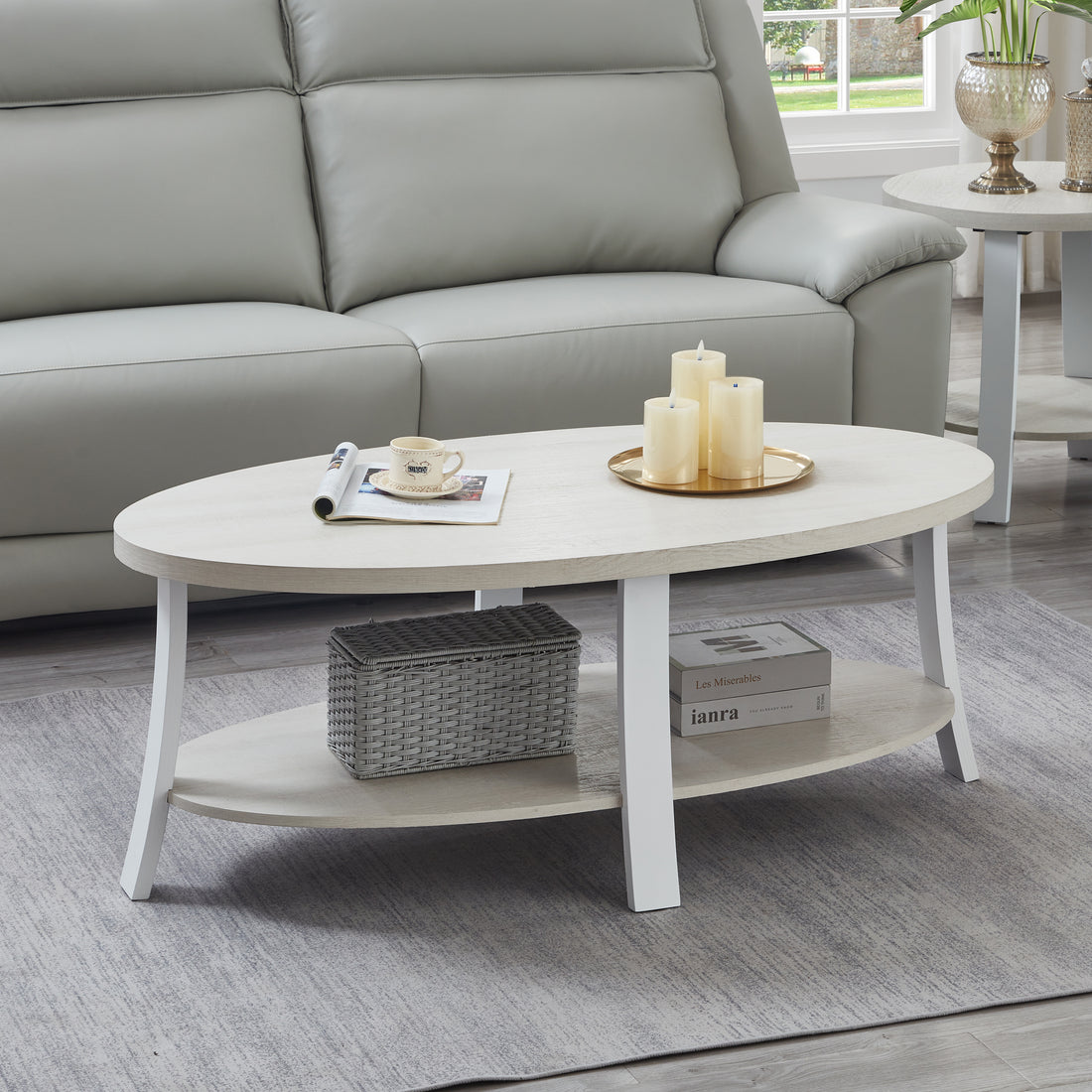 Anze Contemporary Oval Wood Shelf Coffee Table In White Finish White Wood