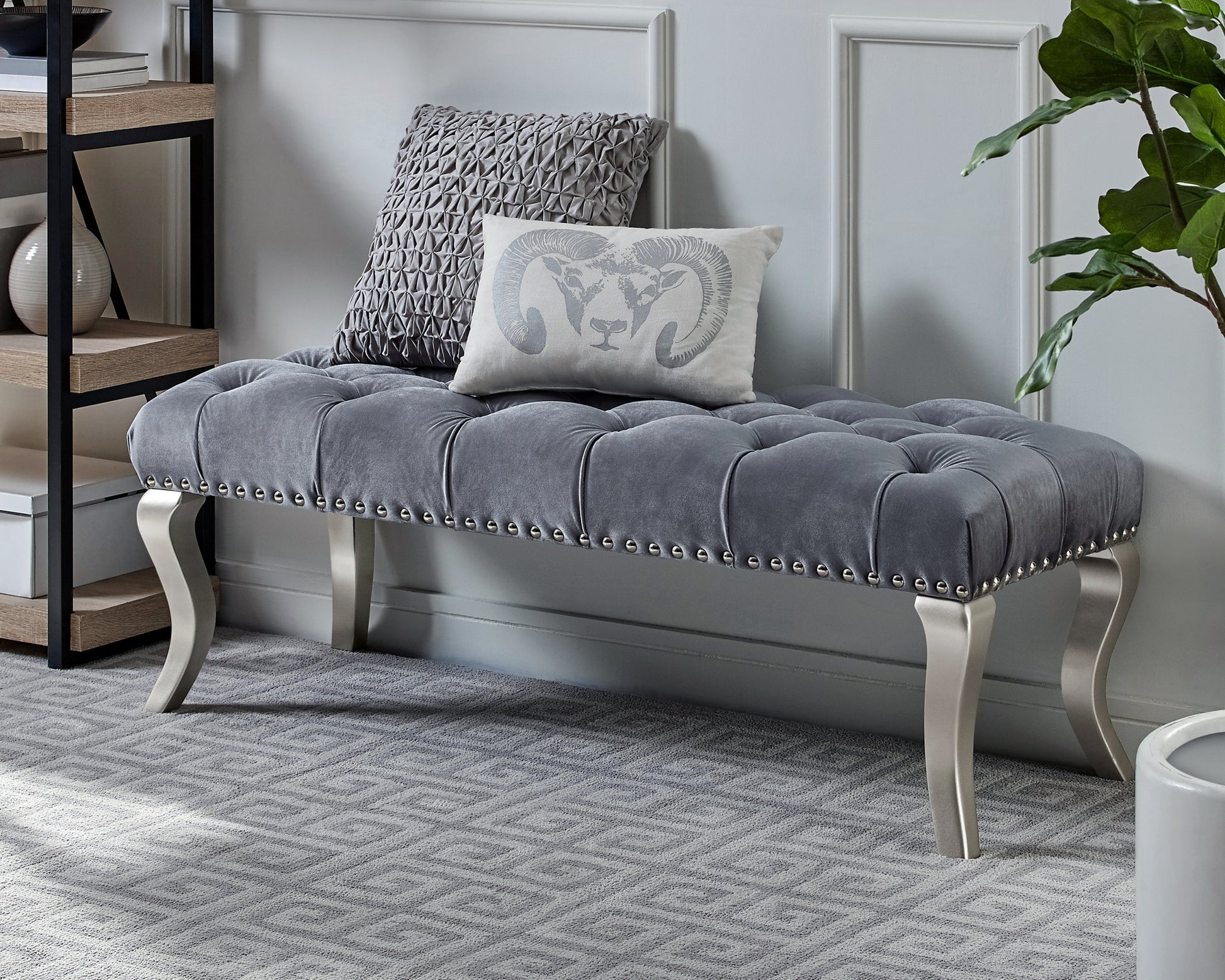 Decor Maxem Tufted Fabric Upholstered Bench Trimgray Gray Faux Leather