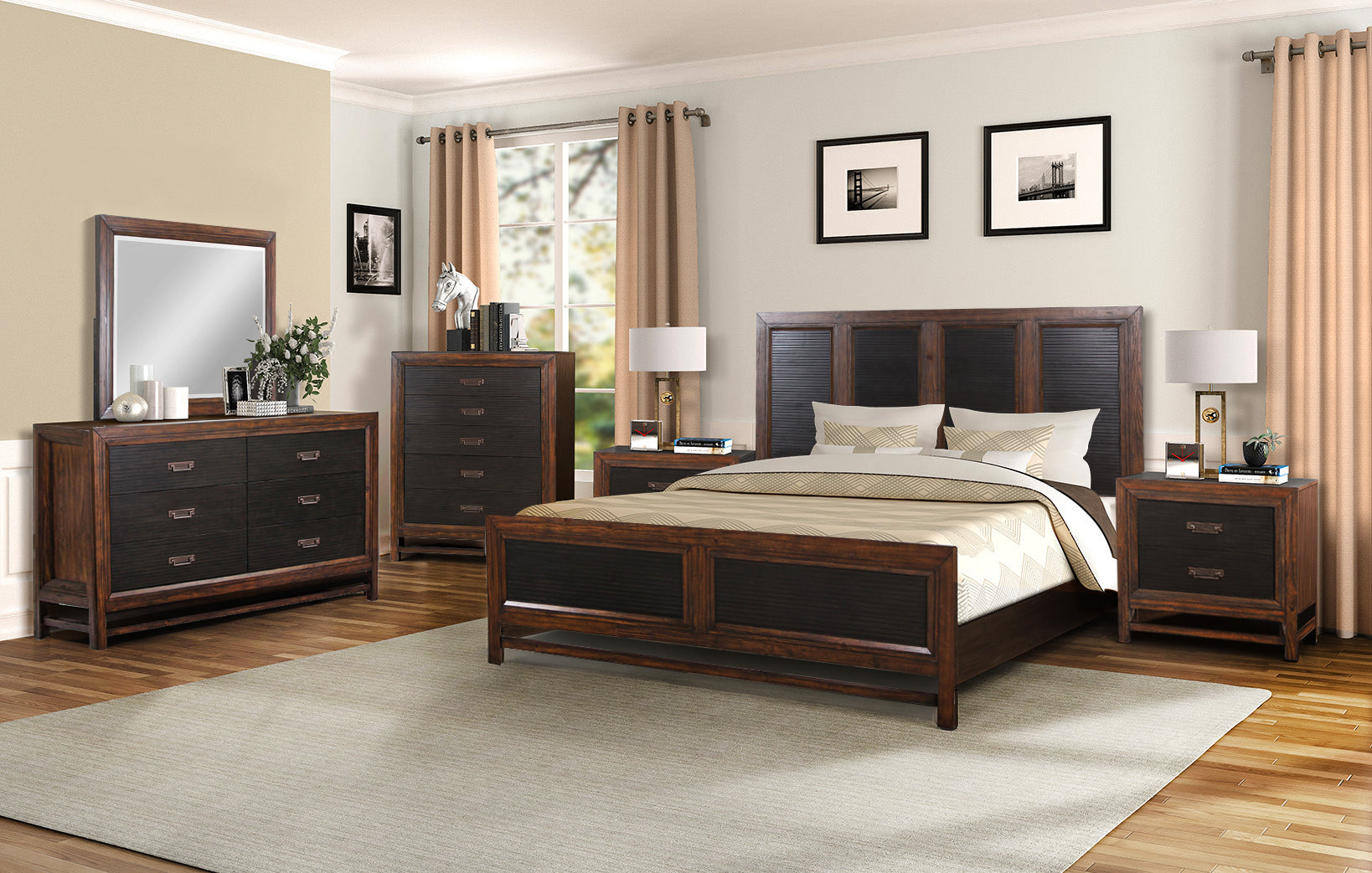 Branson Queen Size Panel Bed, Two Tone Finish Box Spring Required Queen Brown Wood Brown Bedroom American Design,Transitional Pine Panel Pine