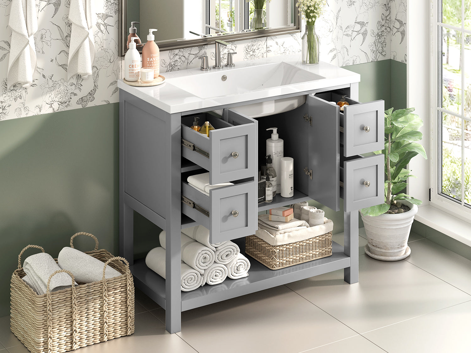 36'' Bathroom Vanity With Undermount Sink,Free Standing Vanity Set With 4 Drawers& Soft Closing Doors,Solid Wood Frame Bathroom Storage Cabinet 4 Grey 2 2 Adjustable Hinges Bathroom Freestanding Solid Wood Mdf Resin Painted