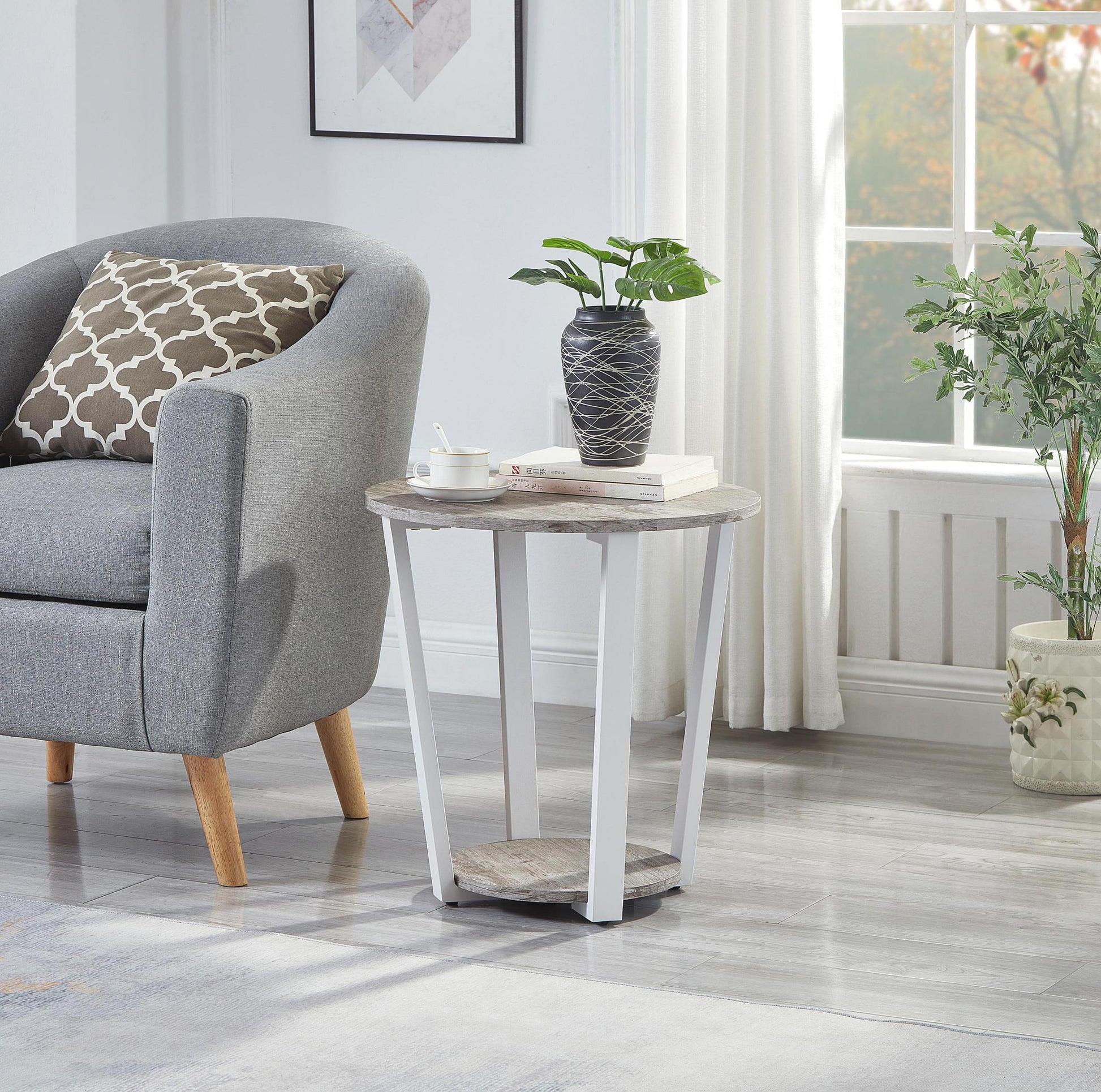 Elysian Contemporary Round End Table With Shelf, Gray Gray Mdf