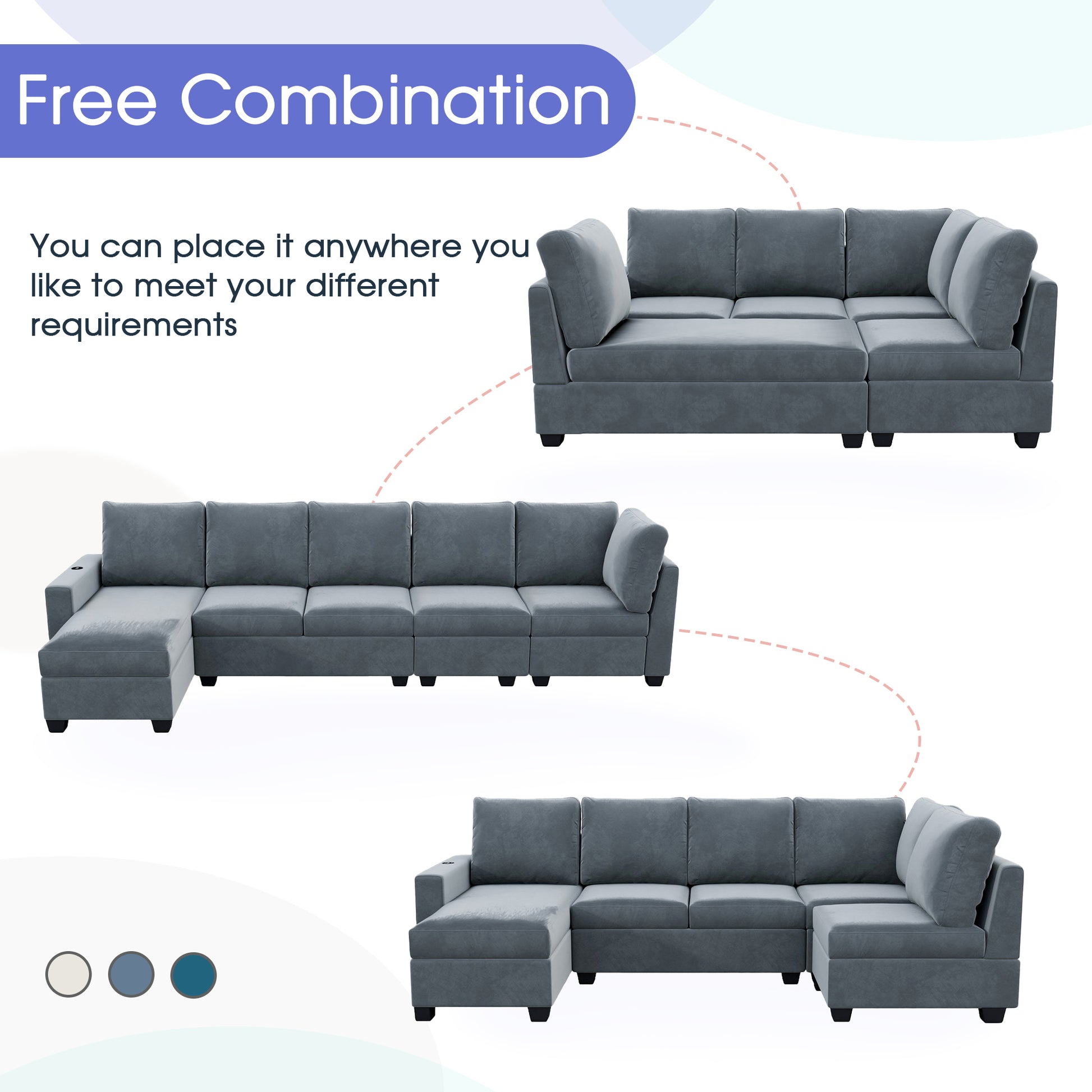 138*56" Modern L Shape Sectional Sofa, 6 Seat Velvet Fabric Couch With Convertible Chaise Lounge,Freely Combinable Indoor Furniture For Living Room, Apartment, Office,3 Colors Grey Velvet 6 Seat