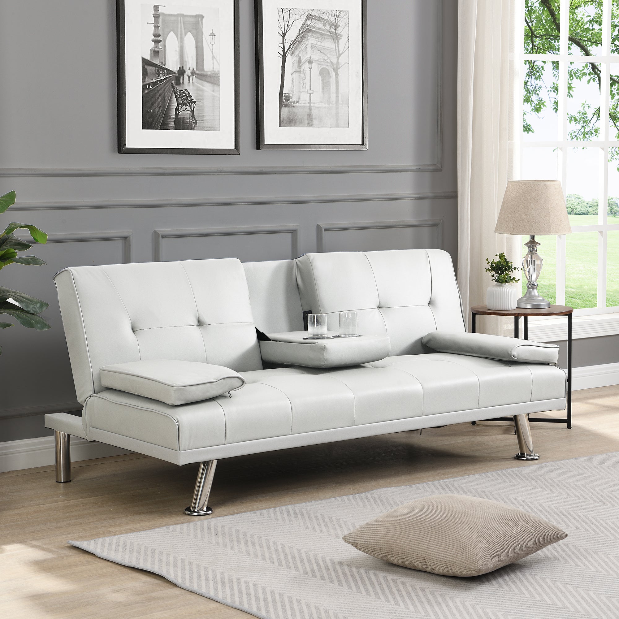 Sofa Bed With Armrest Two Holders Wood Frame, Stainless Leg, Futon White Pvc White Pvc