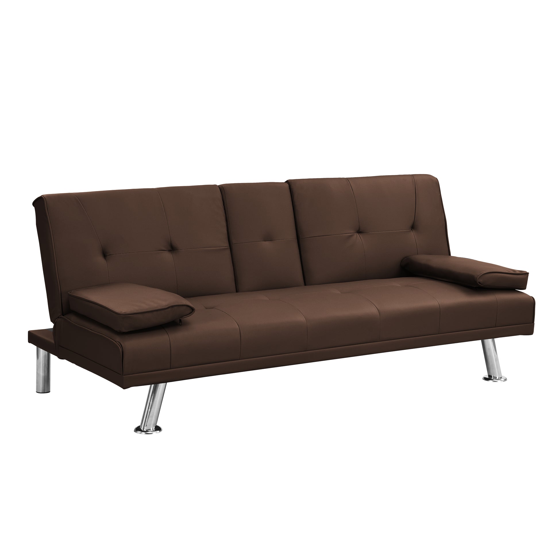 Sofa Bed With Armrest Two Holders Wood Frame, Stainless Leg, Futon Brown Pvc Brown Pvc