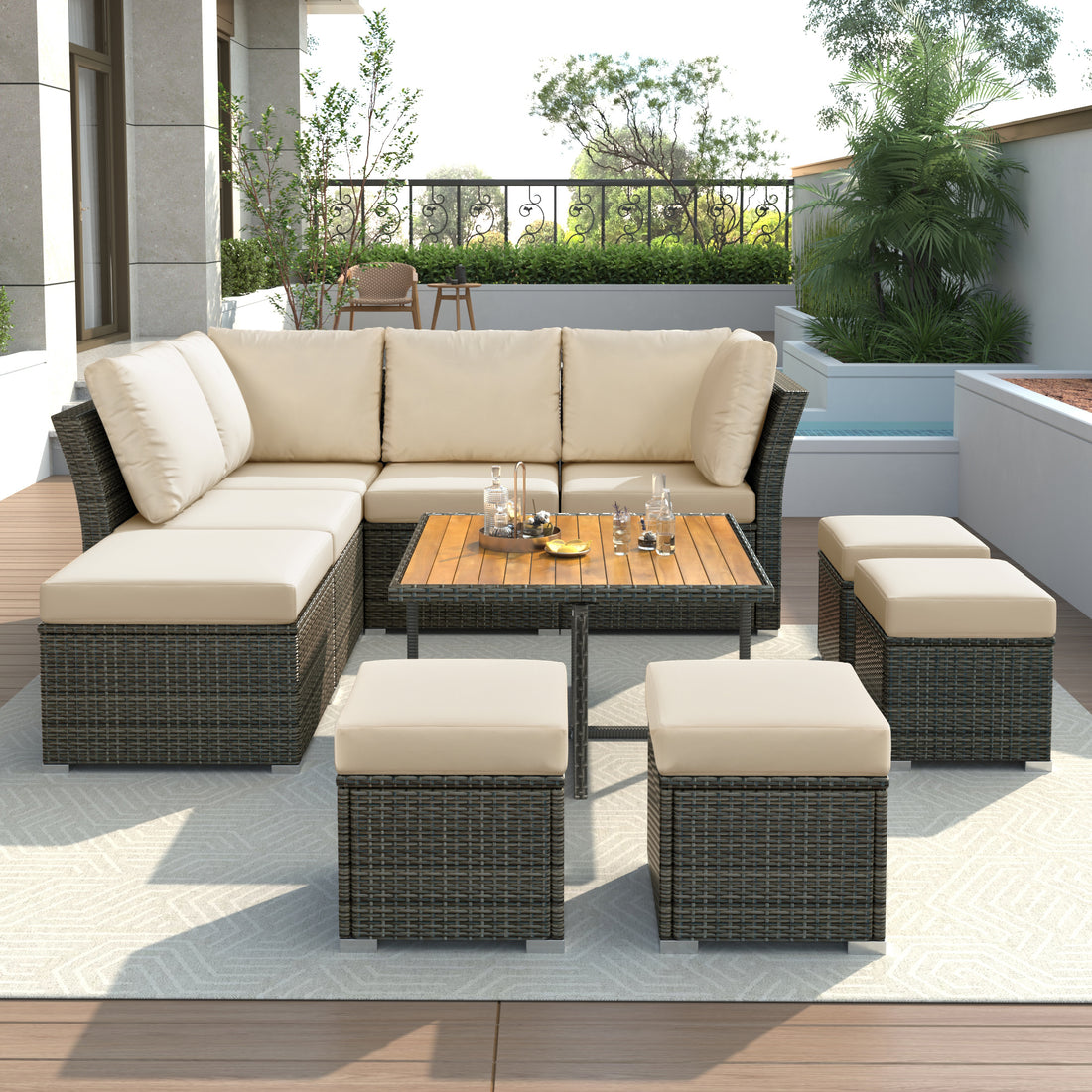 Patio Furniture Set, 10 Piece Outdoor Conversation Set, Coffeetable With Ottomans, Solid Wood Coffee Table Beige Rattan