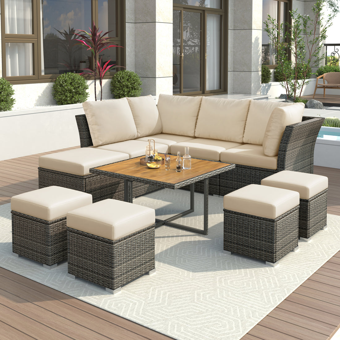 Patio Furniture Set, 10 Piece Outdoor Conversation Set, Coffeetable With Ottomans, Solid Wood Coffee Table Beige Rattan