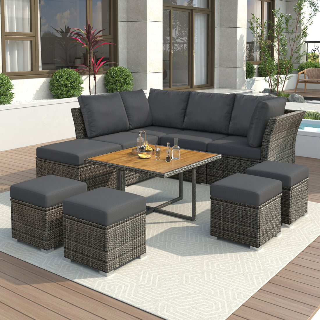 Patio Furniture Set, 10 Piece Outdoor Conversation Set, Coffeetable With Ottomans, Solid Wood Coffee Table Grey Rattan