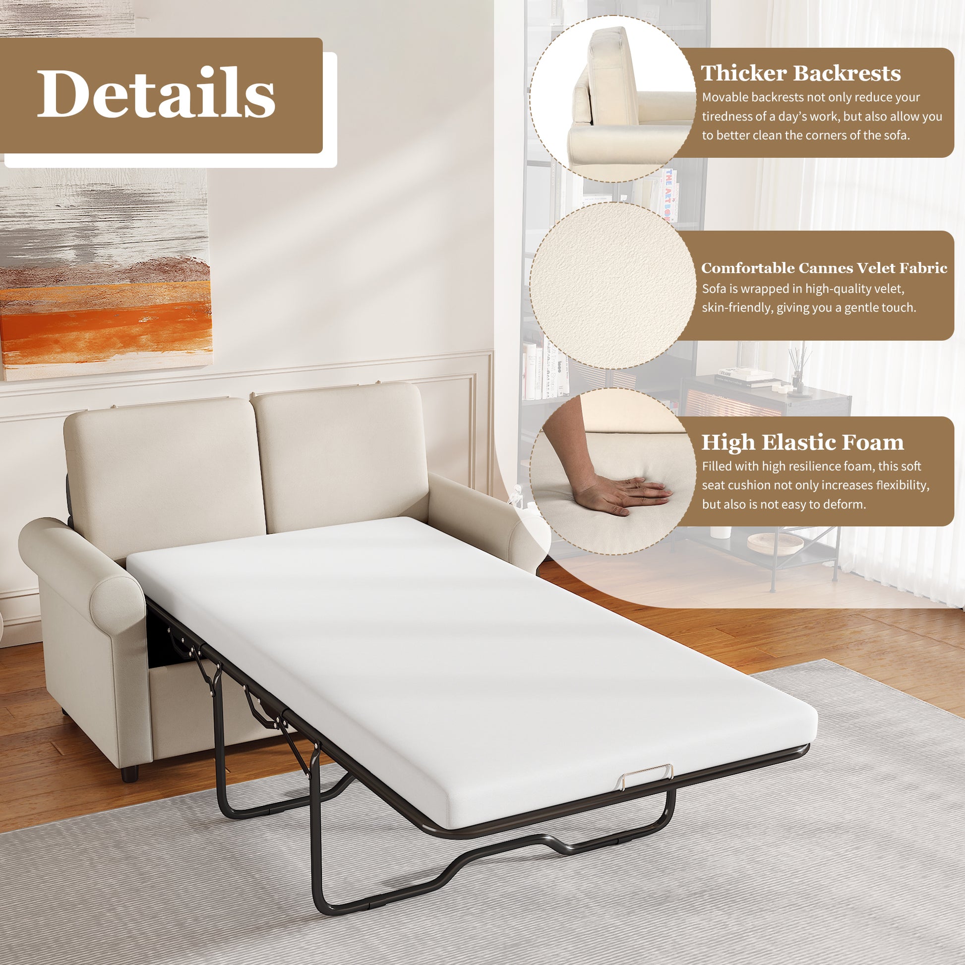 57.4" Pull Out Sofa Bed,Sleeper Sofa Bed With Premium Twin Size Mattress Pad,2 In 1 Pull Out Couch Bed With Two Usb Ports For Living Room,Small Apartment, Beige Old Sku:Wf296899 Beige Foam Velvet