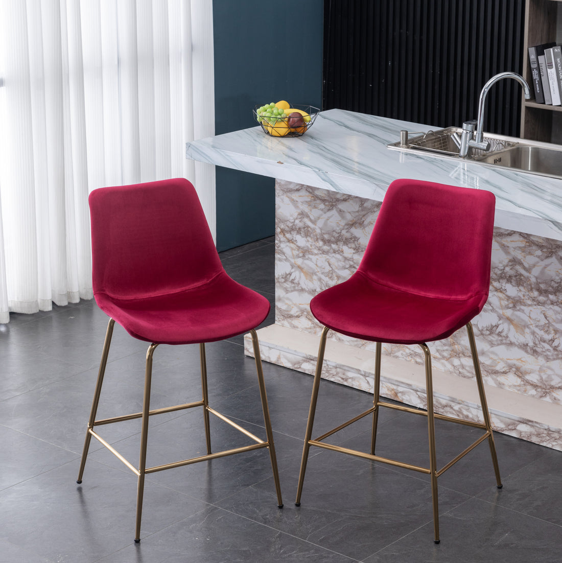 Aufurr Modern Velvet 26.50 Counter Height Stool, Set Of 2, Red Red Velvet
