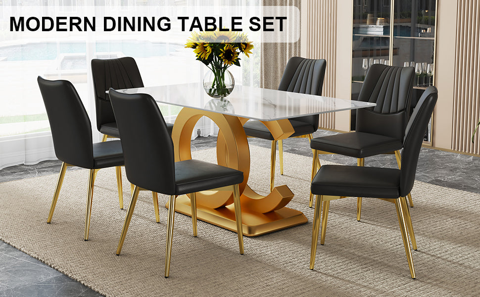 A Modern Minimalist Rectangular Dining Table Suitable For 6 8 People, A Set Of 6 Piece Pu Leather Backrest And Gold Metal Legs Modern Dining Chairs. F Oc C 009 White Mdf Glass