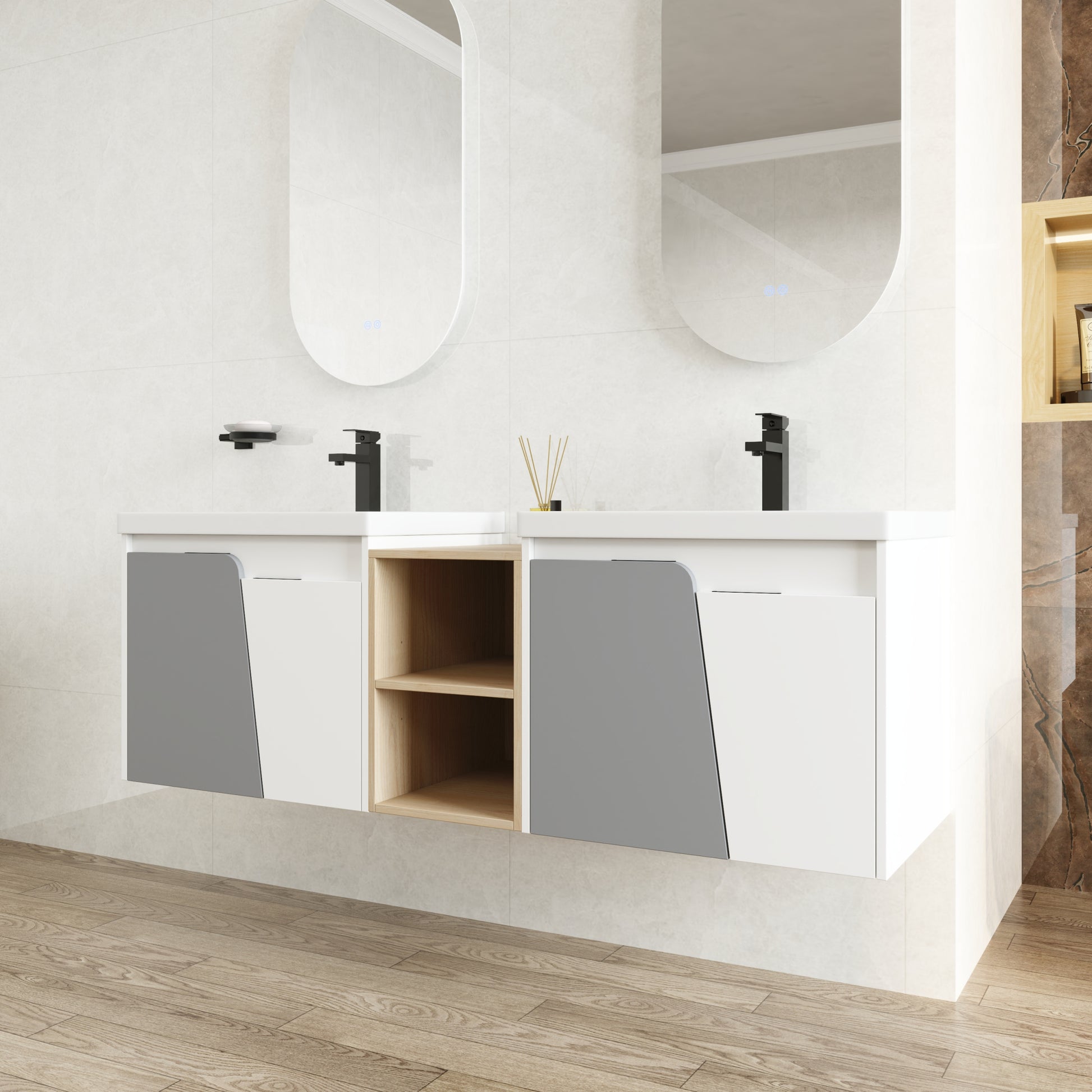 60 Inch Wall Mounted Bathroom Vanity With Sink, And A Small Storage Shelves Kd Packing White Bathroom Wall Mounted Modern Plywood