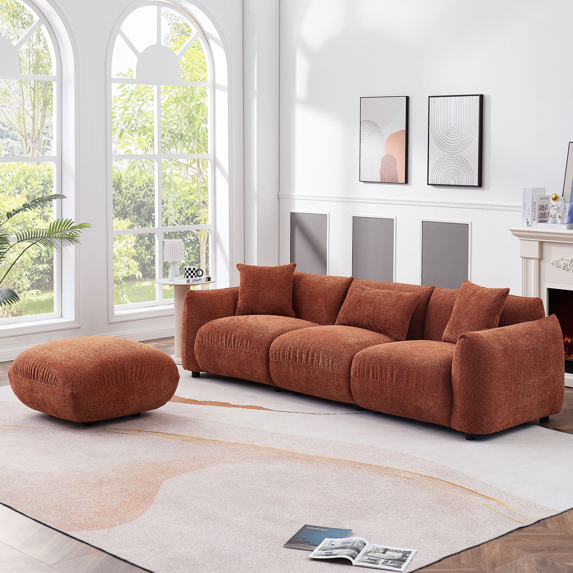 Mid Century Modern Couch 3 Seater Sofa With Ottoman Soft Padded Seat Upholstered Footrest Stool Ottoman Foot Stool For Living Room, Bedroom. Orange Orange Boucle 3 Seat