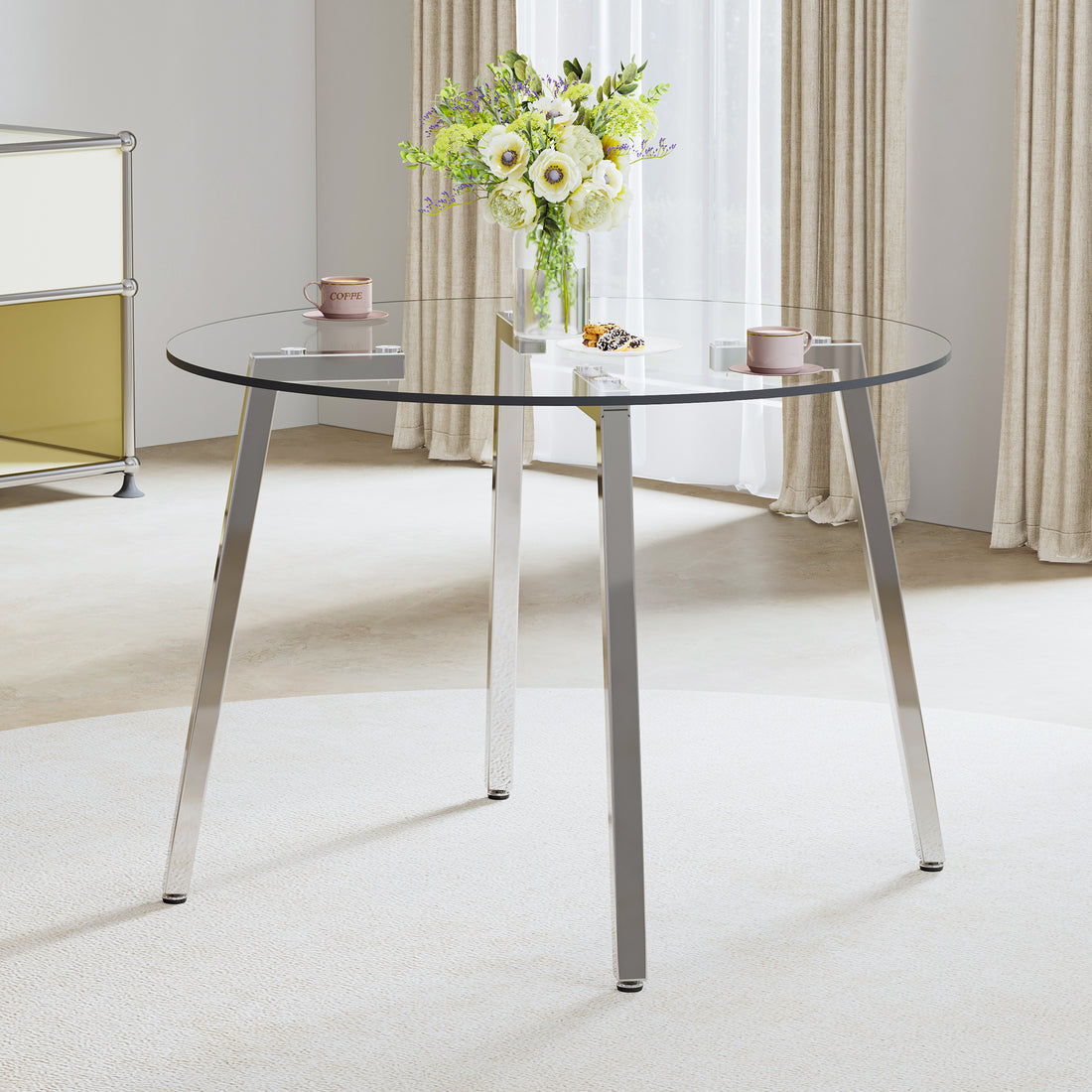 Modern Minimalist Style Circular Transparent Tempered Glass Table, Tempered Glass Tabletop, Silver Metal Table Legs, Suitable For Kitchen, Dining Room, And Living Room, 42 "* 42" * 29.5 "1123R Transparent Glass