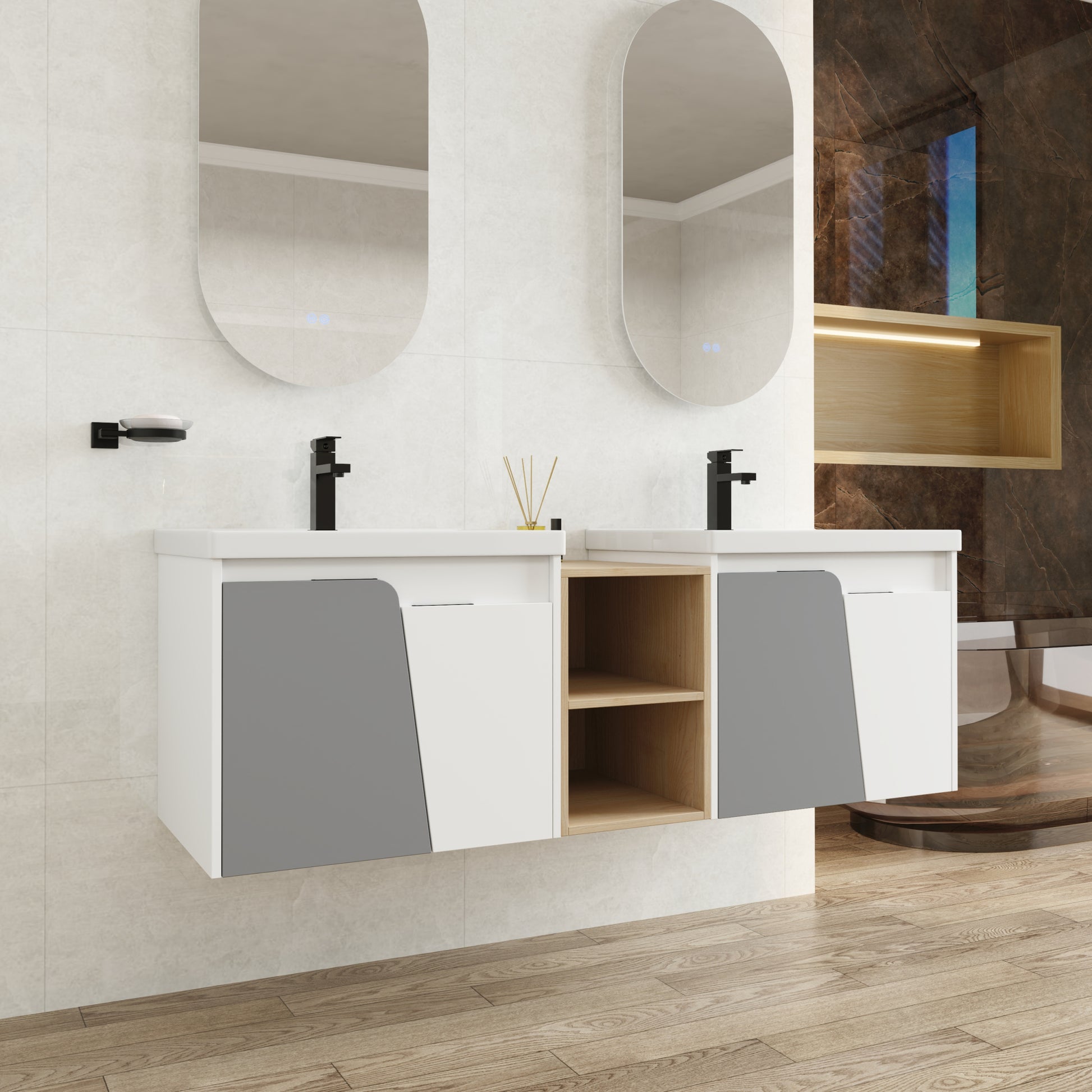 60 Inch Wall Mounted Bathroom Vanity With Sink, And A Small Storage Shelves Kd Packing White Bathroom Wall Mounted Modern Plywood