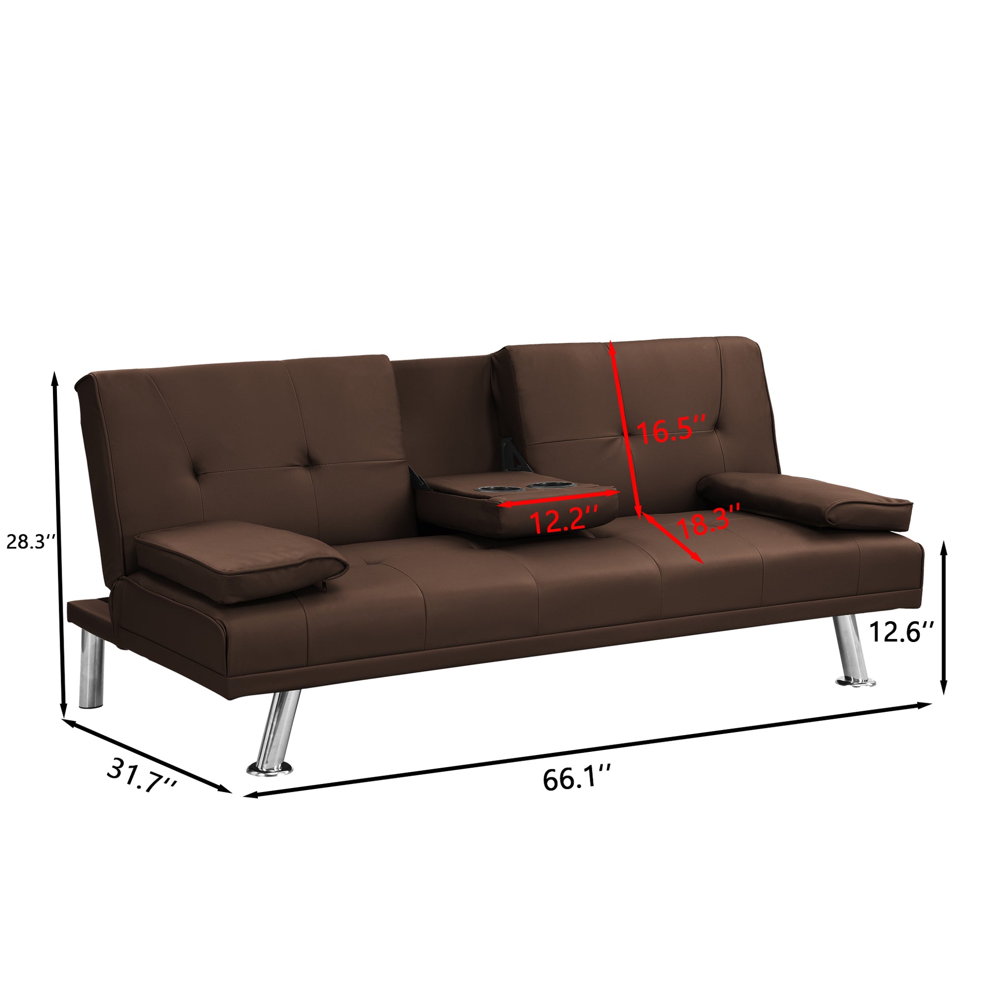 Sofa Bed With Armrest Two Holders Wood Frame, Stainless Leg, Futon Brown Pvc Brown Pvc