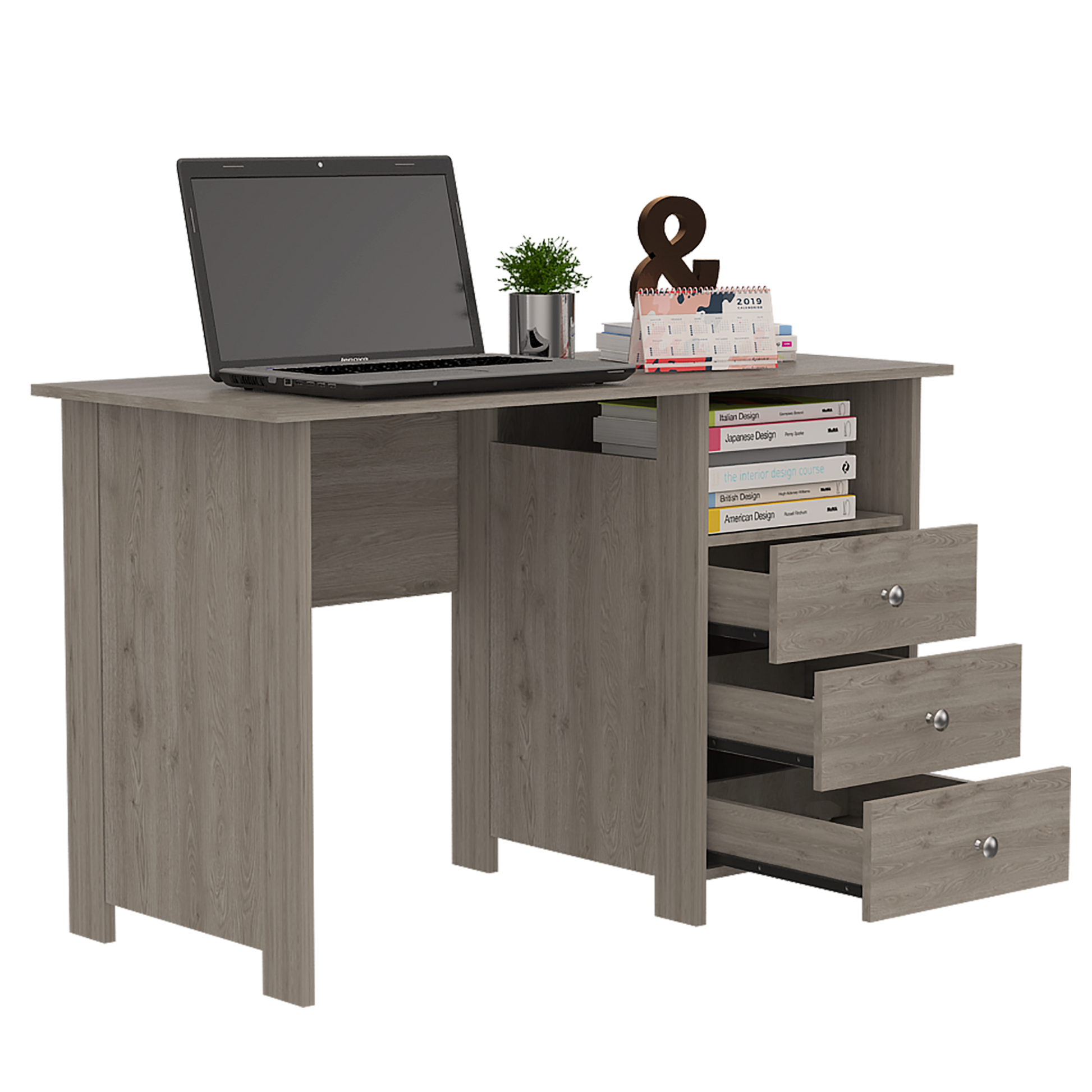 Computer Desk With Open Storage Shelf And 3 Drawers, Light Gray Gray Particle Board Particle Board