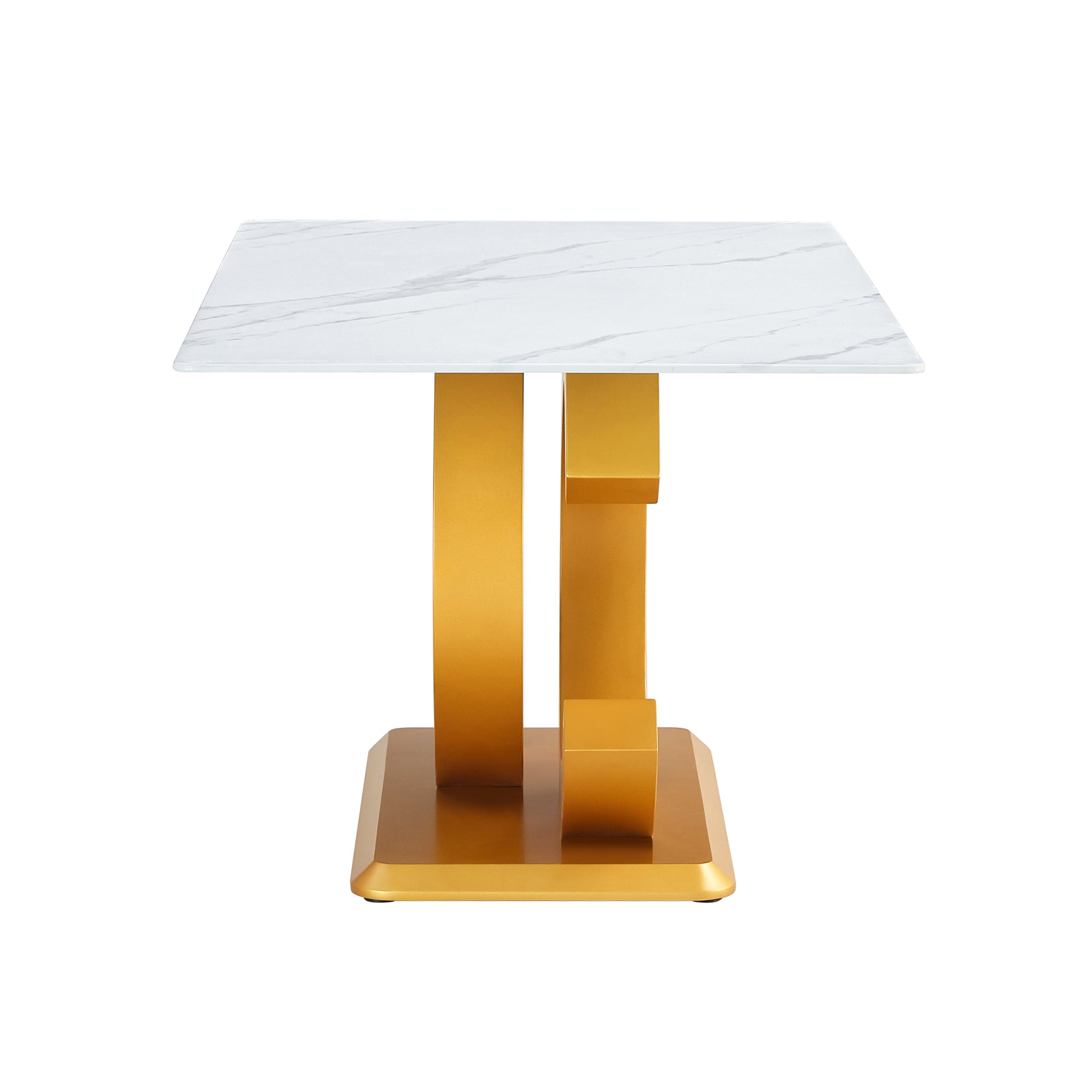 A Modern Minimalist Rectangular Dining Table Suitable For 6 8 People, A Set Of 6 Piece Pu Leather Backrest And Gold Metal Legs Modern Dining Chairs. F Oc C 009 White Mdf Glass