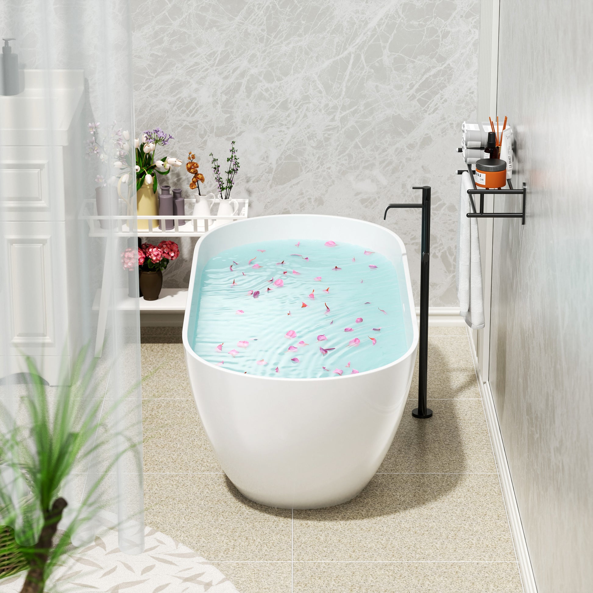 63" Freestanding Solid Surface Bathtub, Luxury Engineered Stone Resin Freestanding Soaking Bathtub With Overflow And Pop Up Drain For Contemporary Bathroom, Glossy White 23S03 63Gw Gloss White Solid Surface