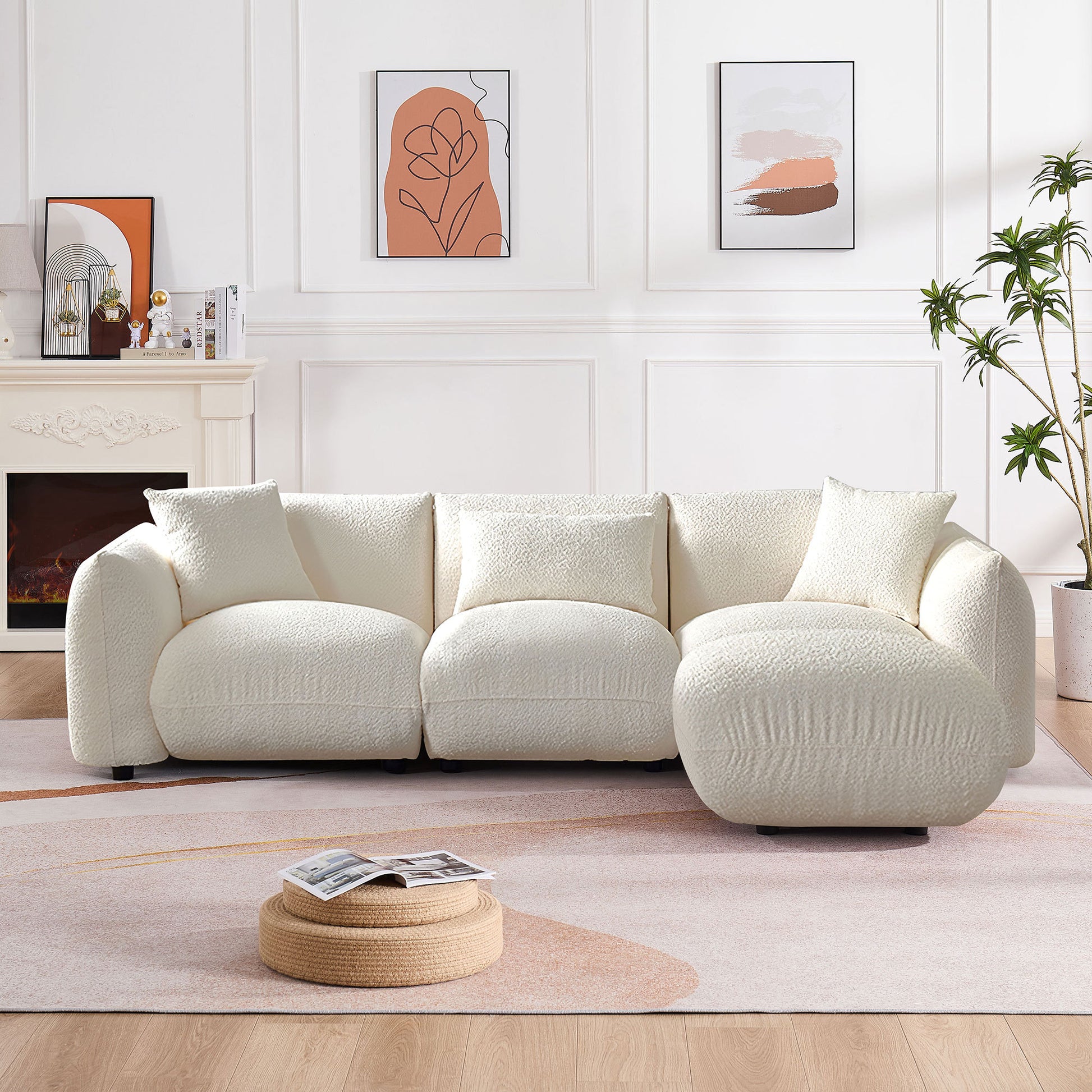 Mid Century Modern Couch 3 Seater Sofa With Ottoman Upholstered Footrest Stool Ottoman Foot Stool For Living Room, Bedroom, Beige Beige Boucle