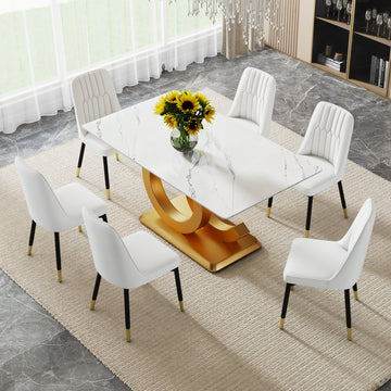 A Large Modern Minimalist Rectangular Dining Table Suitable For 6 8 People, A Set Of 6 Piece Pu Leather Backrest And Black Metal Legs Modern Dining Chairs. F Oc C 007 Gold Mdf Glass