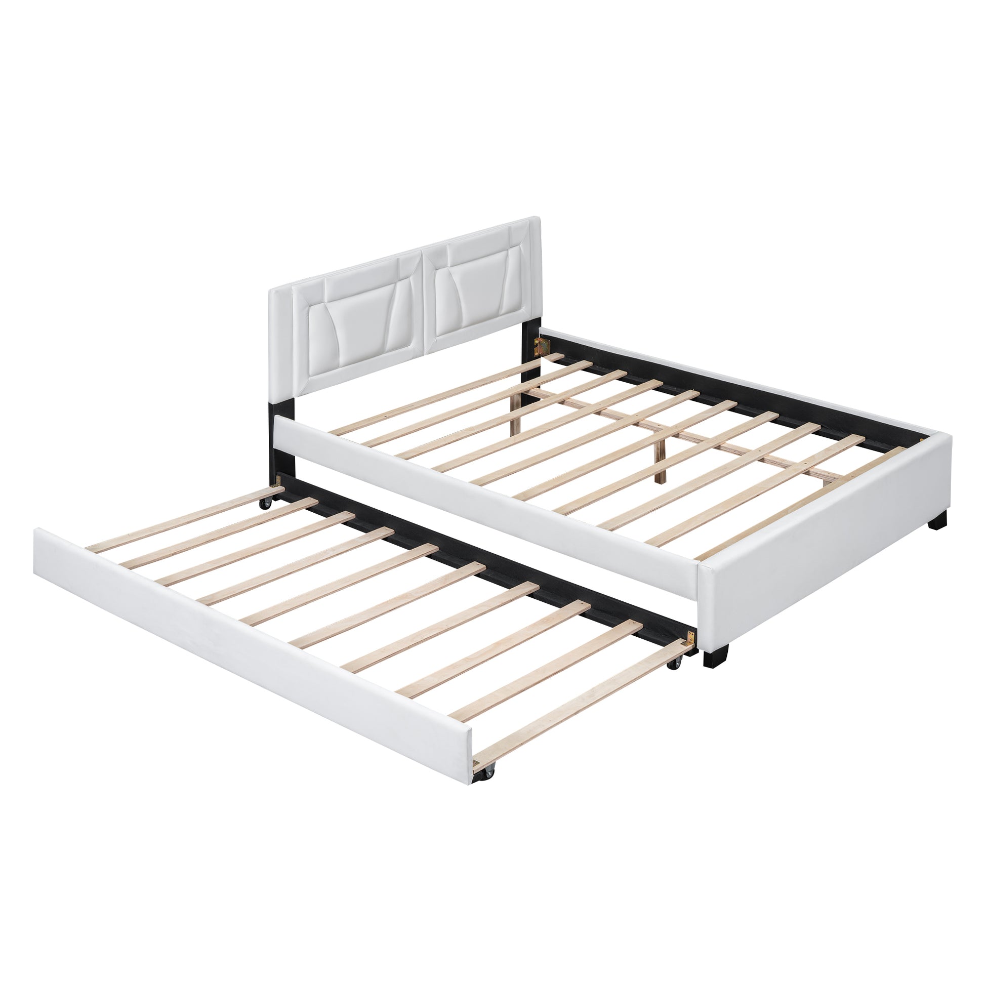 Queen Size Upholstered Platform Bed With Headboard And Twin Size Trundle, White Box Spring Not Required Queen White Bedroom Faux Leather Upholstered